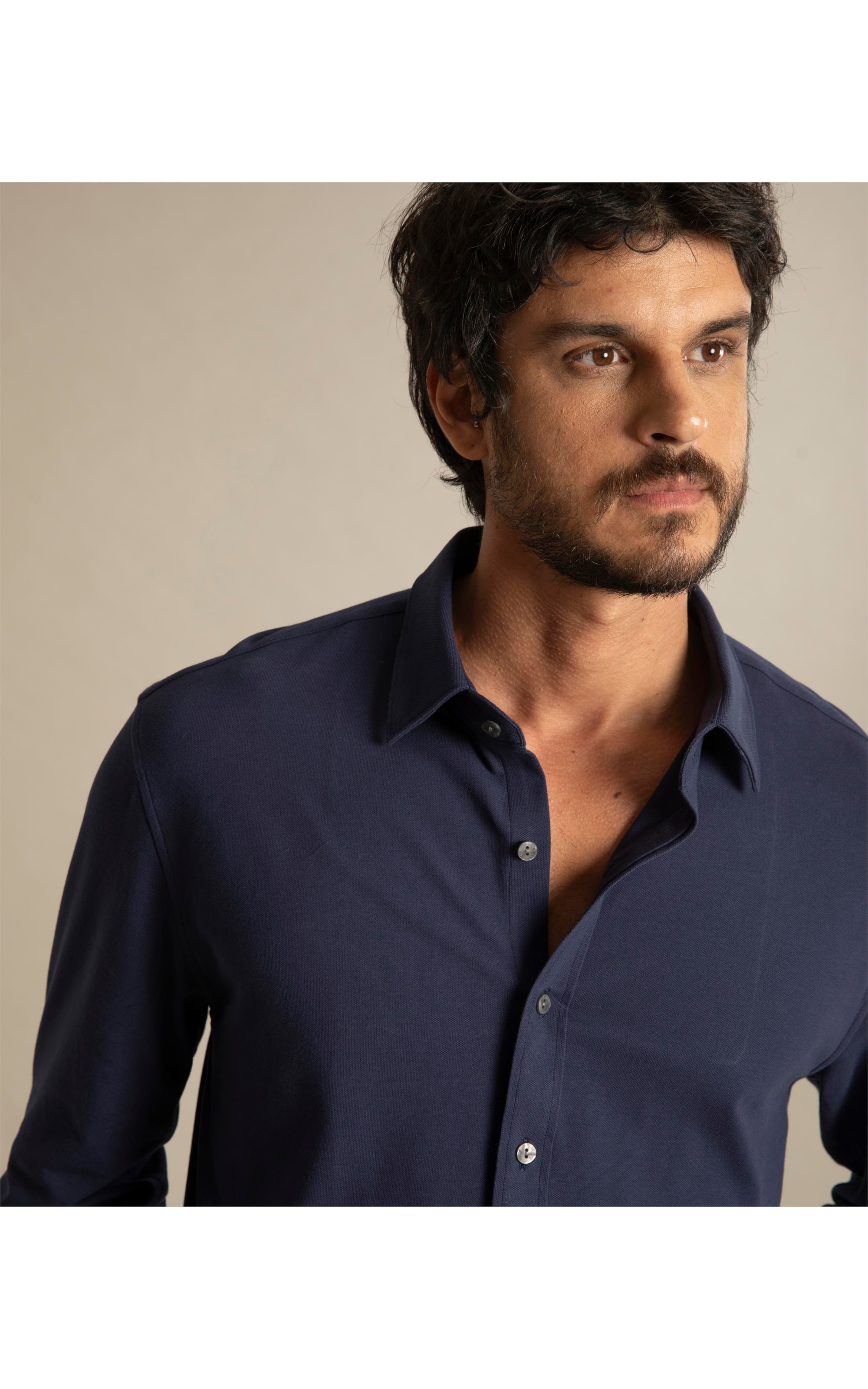Camisa Piquet Classic Ml Dark Navy
