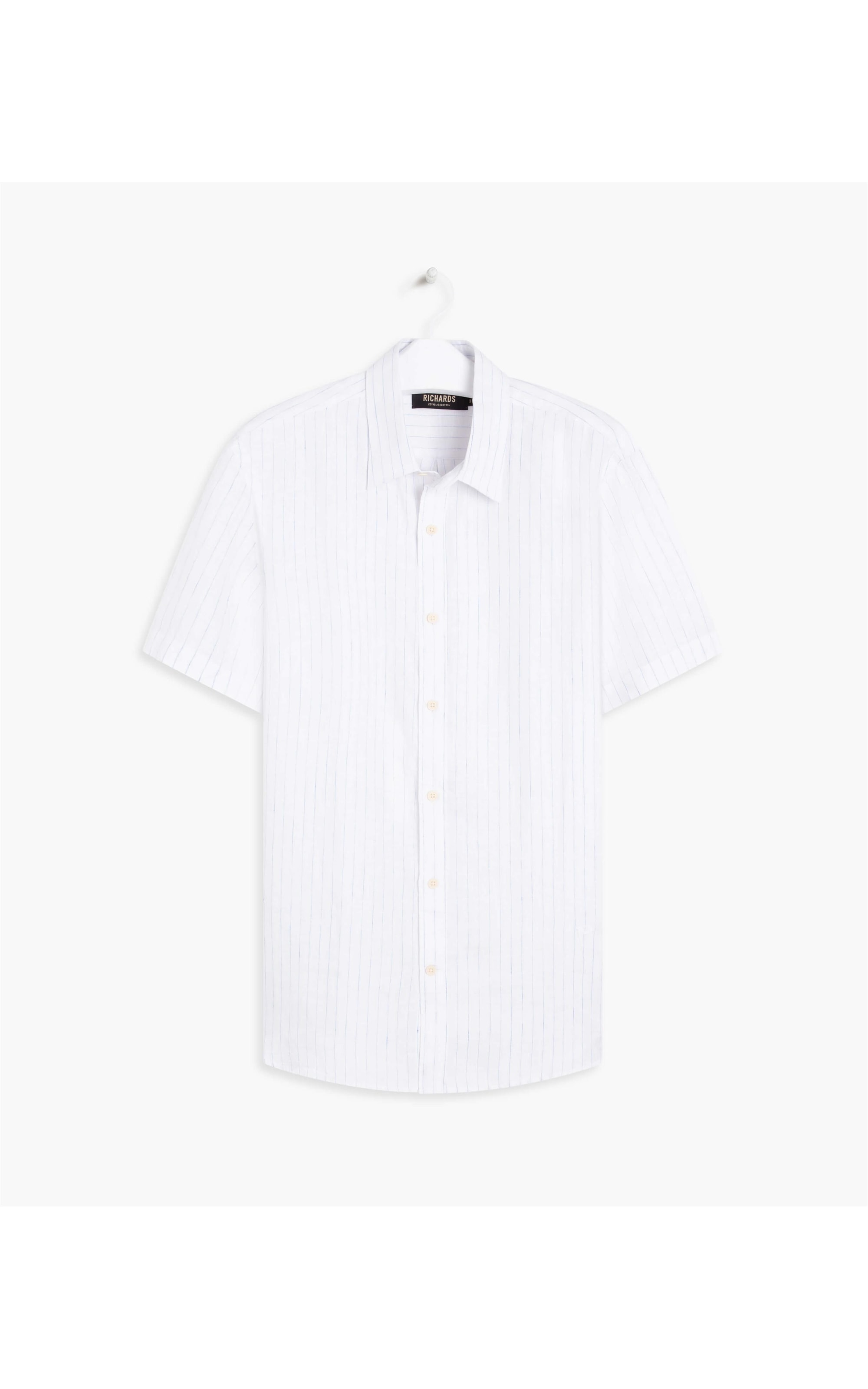 Camisa Puro Linho Baaron Listrada Mc Azul Bic
