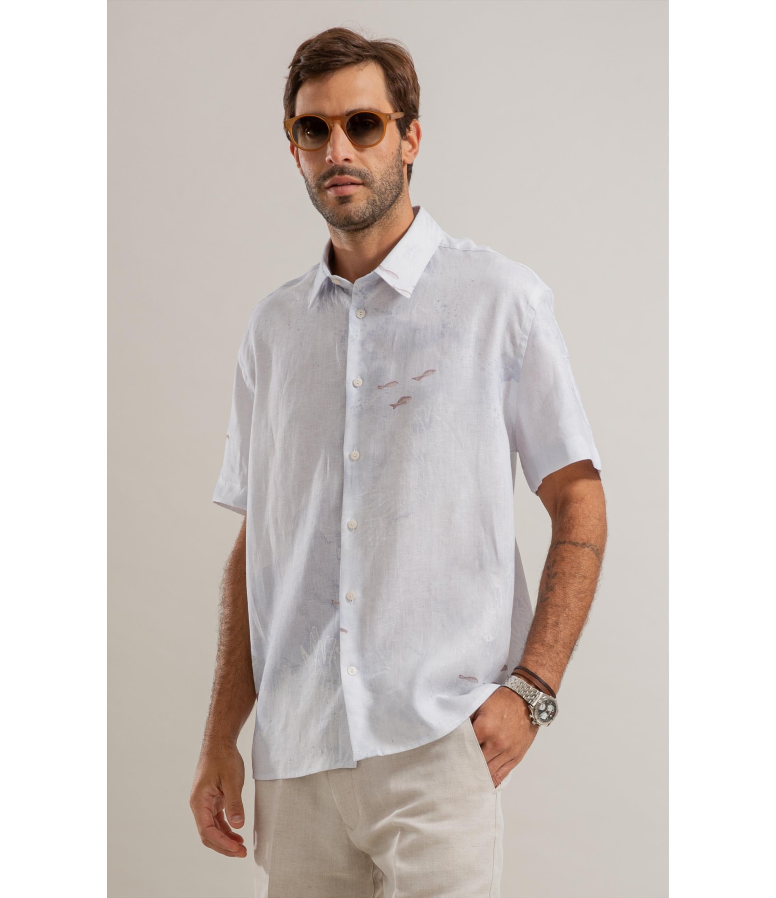 Camisa Puro Linho  Estampada Deep Ocean Mc Azul Pervante