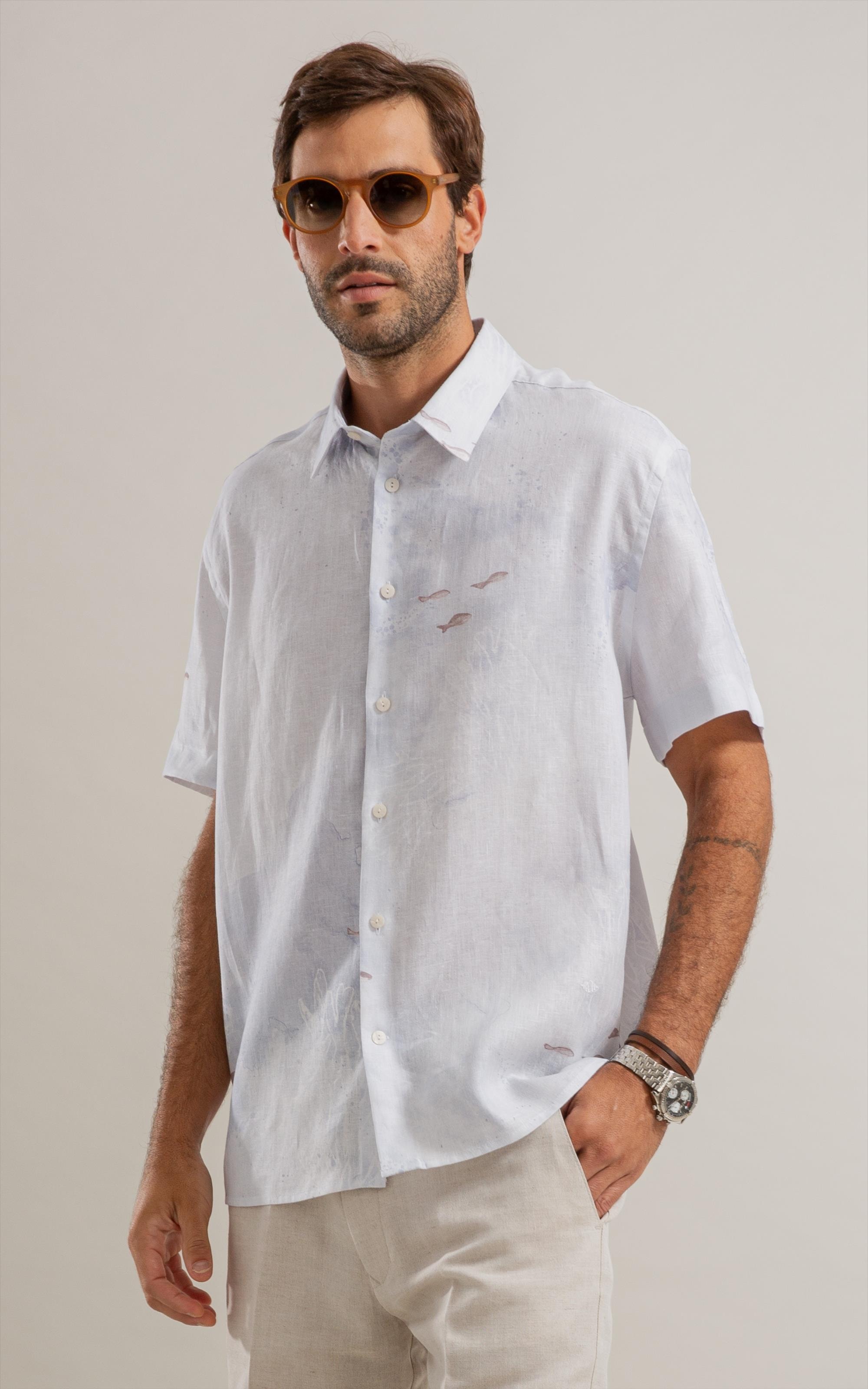 Camisa Puro Linho  Estampada Deep Ocean Mc Azul Pervante