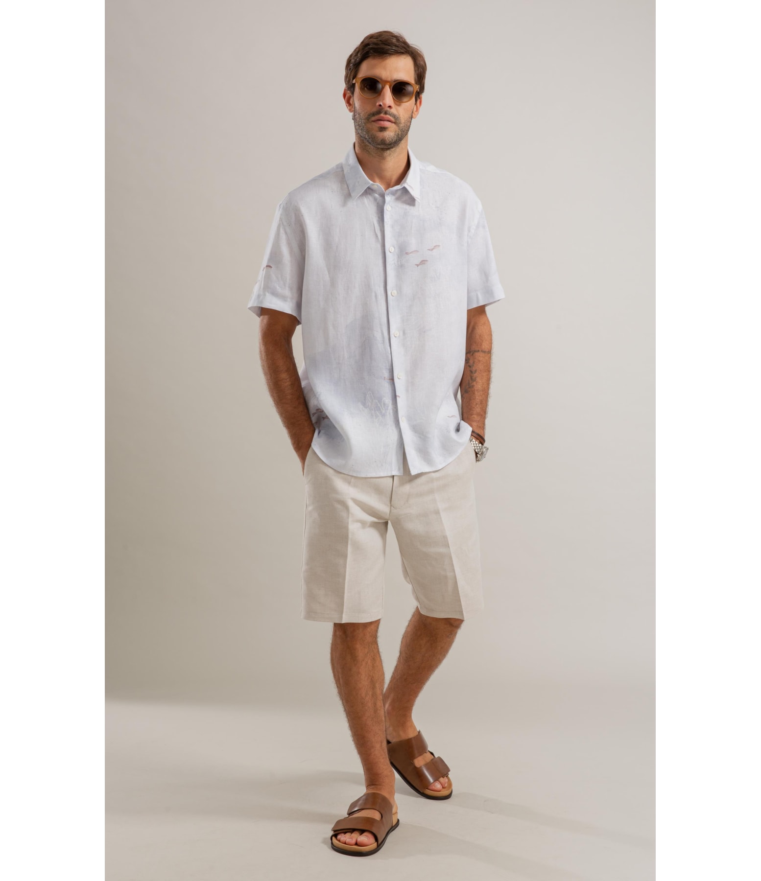 Camisa Puro Linho  Estampada Deep Ocean Mc Azul Pervante