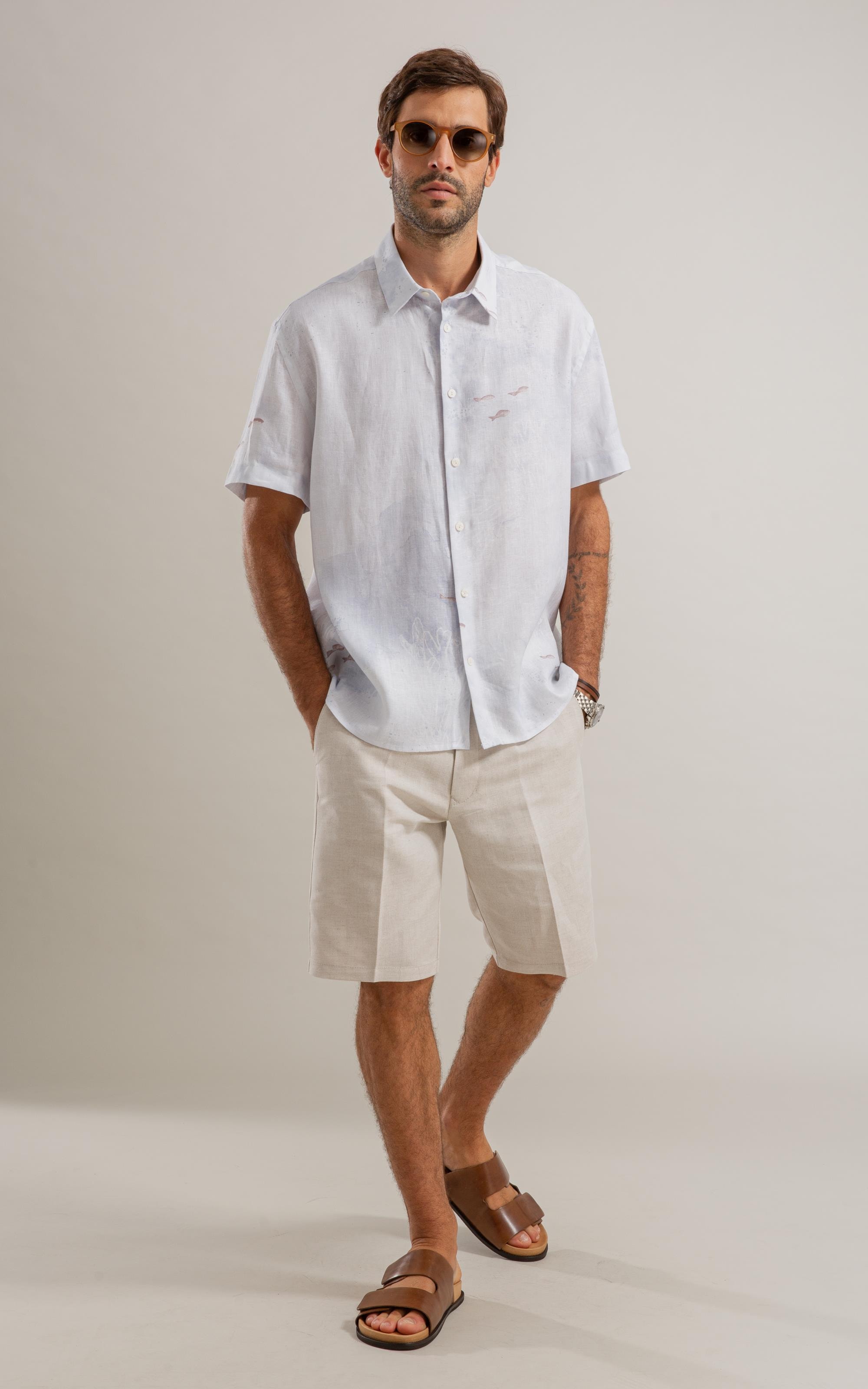 Camisa Puro Linho  Estampada Deep Ocean Mc Azul Pervante