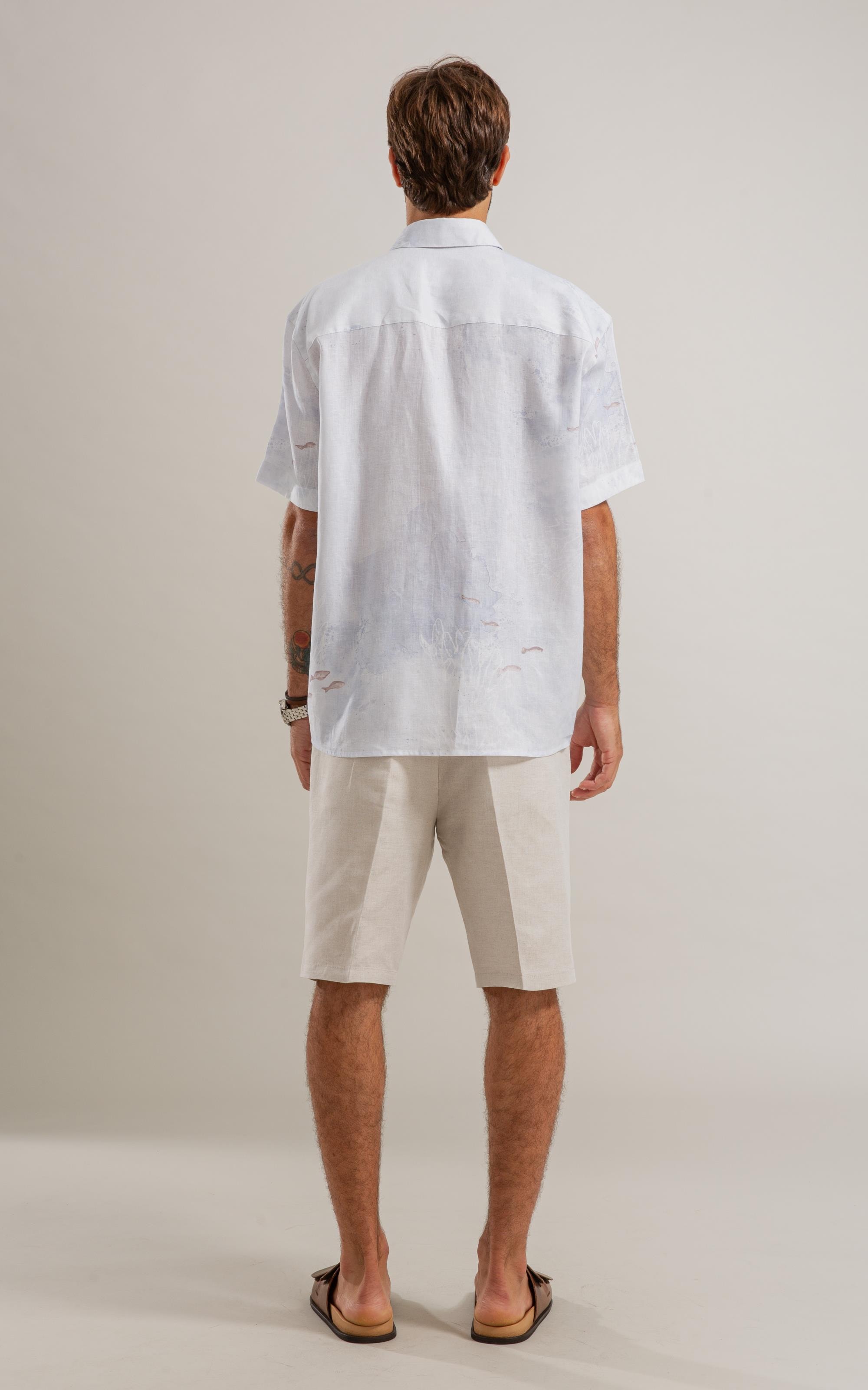 Camisa Puro Linho  Estampada Deep Ocean Mc Azul Pervante