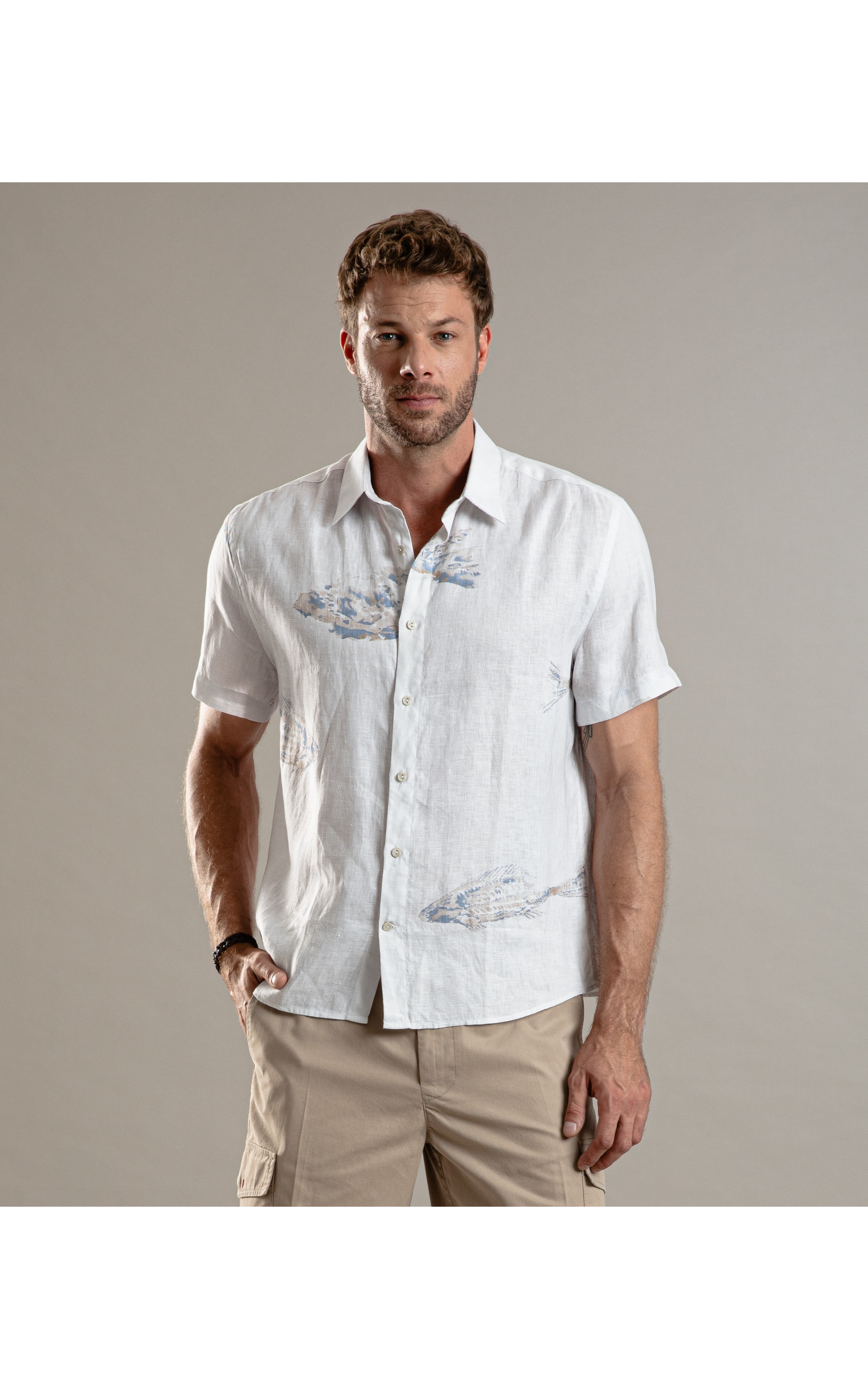 Camisa  Puro Linho Estampada Fish Mc Sandy