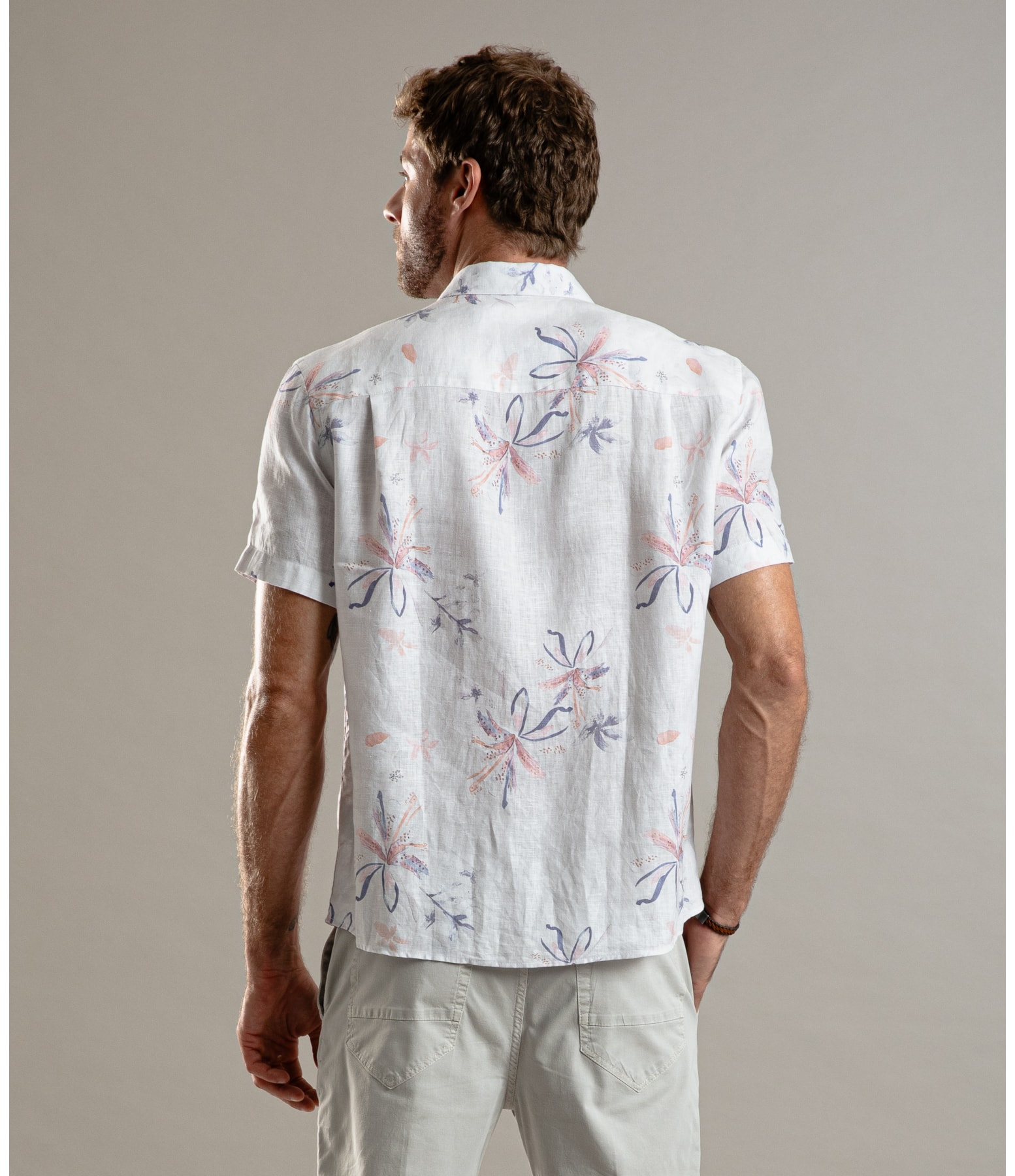 Camisa  Puro Linho Estampada Soft Flower Mc Azul Bic