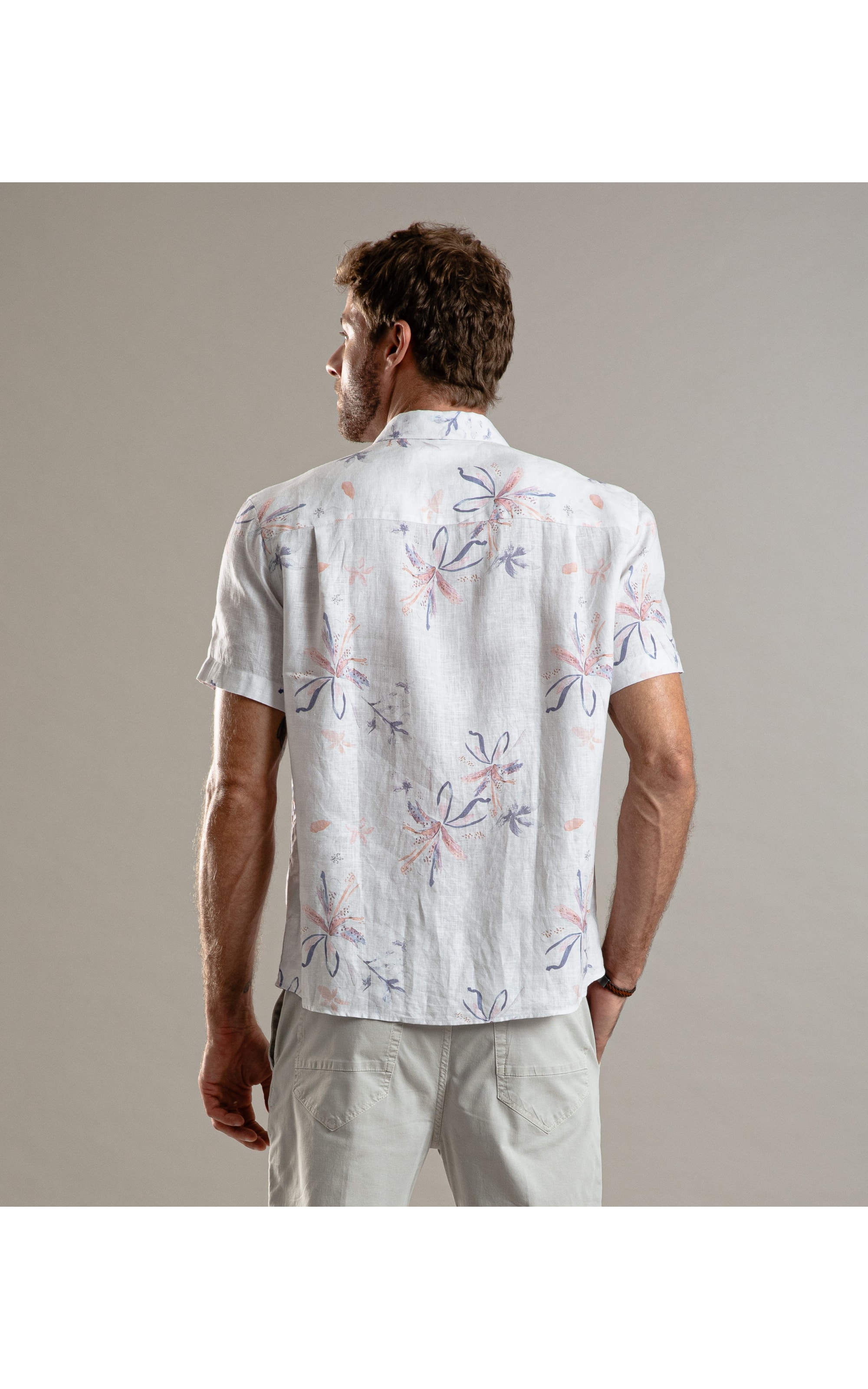 Camisa  Puro Linho Estampada Soft Flower Mc Azul Bic