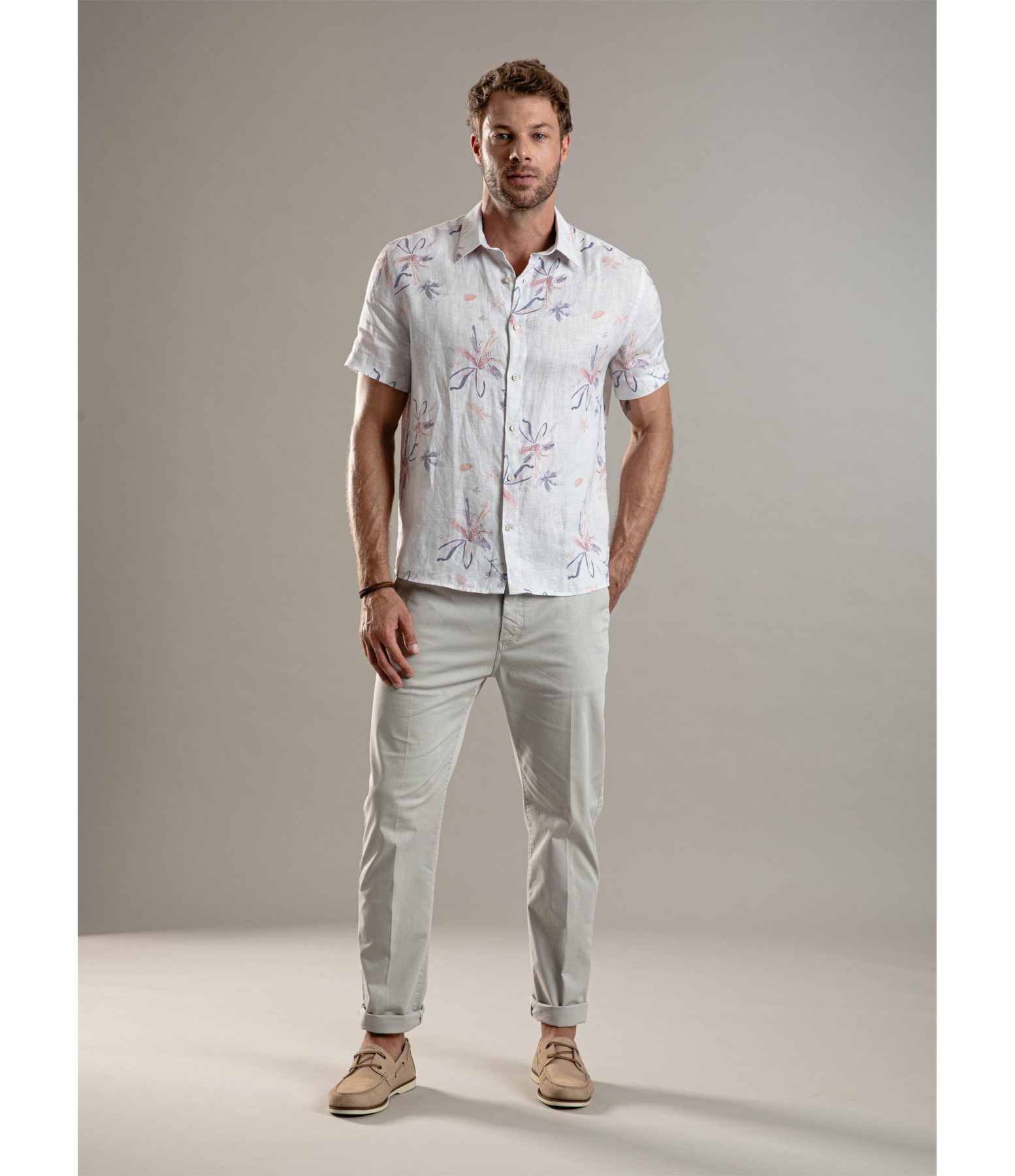 Camisa  Puro Linho Estampada Soft Flower Mc Azul Bic