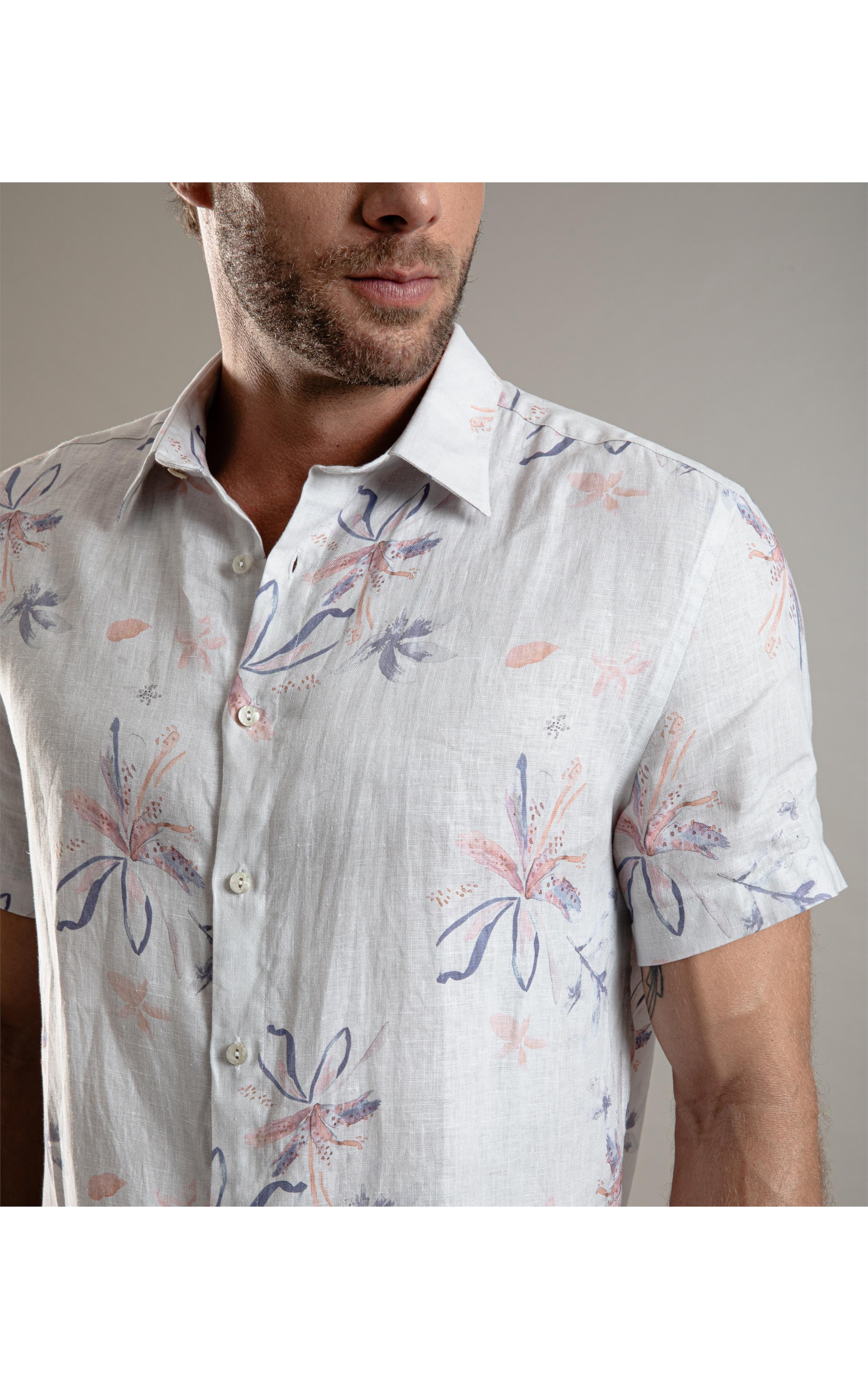 Camisa  Puro Linho Estampada Soft Flower Mc Azul Bic