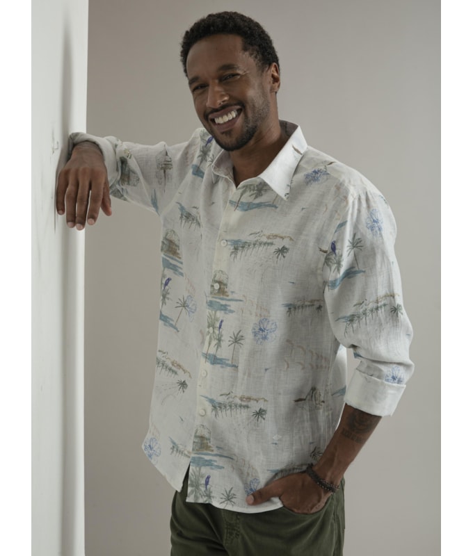 Camisa Puro Linho Estampada Spots Ml Branco