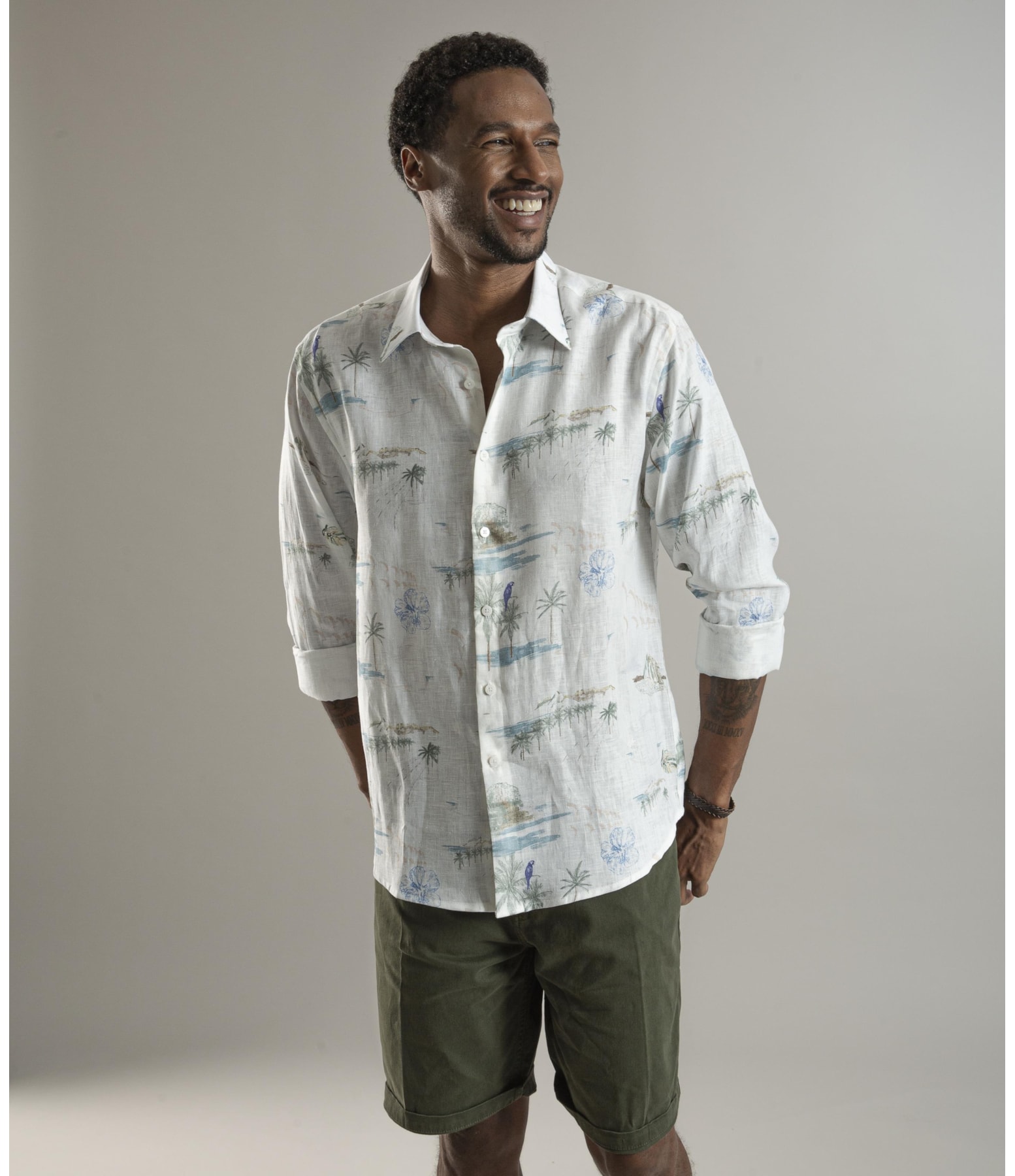 Camisa Puro Linho Estampada Spots Ml Branco