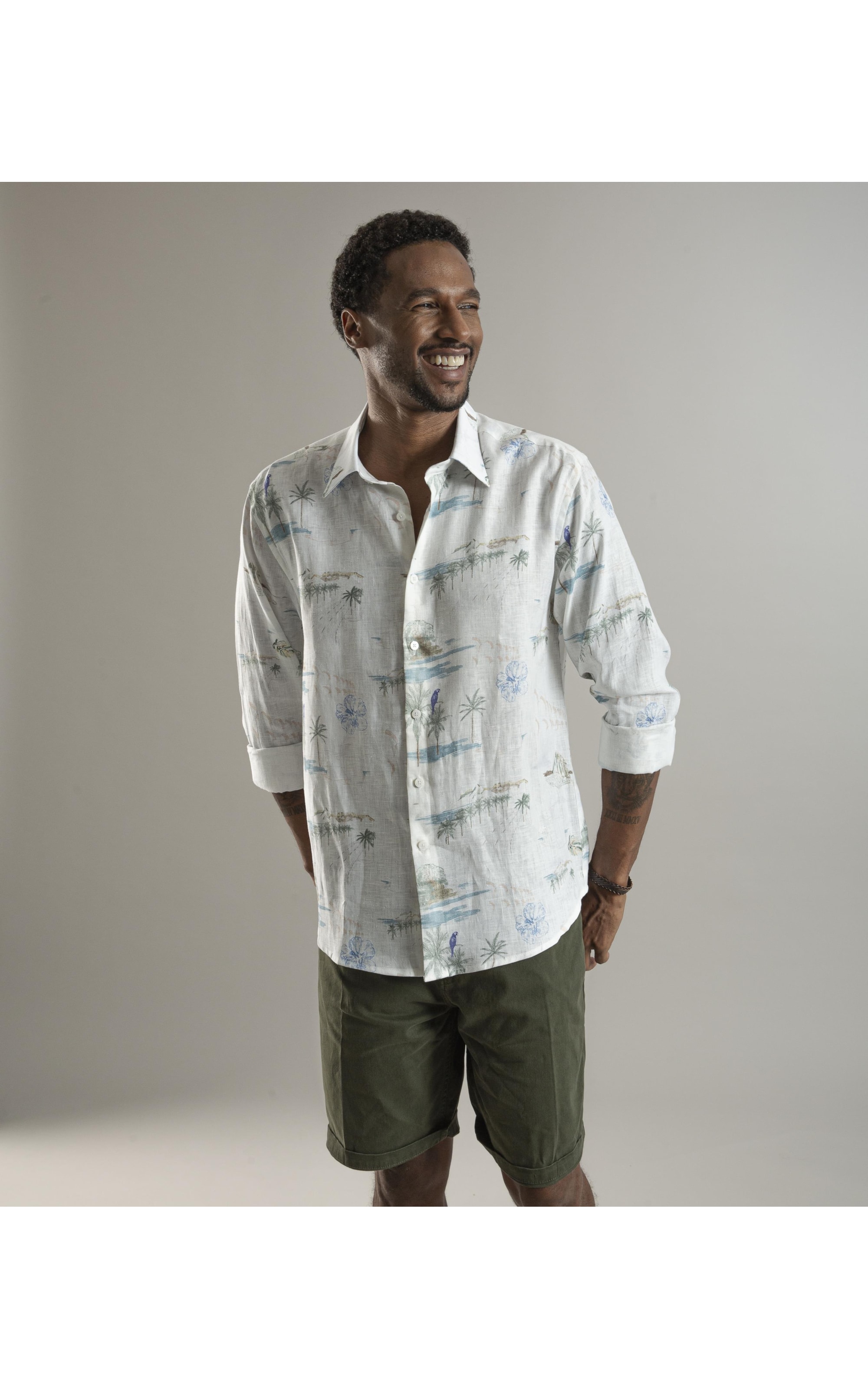 Camisa Puro Linho Estampada Spots Ml Branco