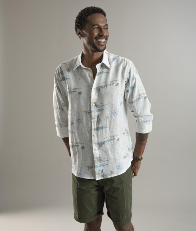 Camisa Puro Linho Estampada Spots Ml Branco