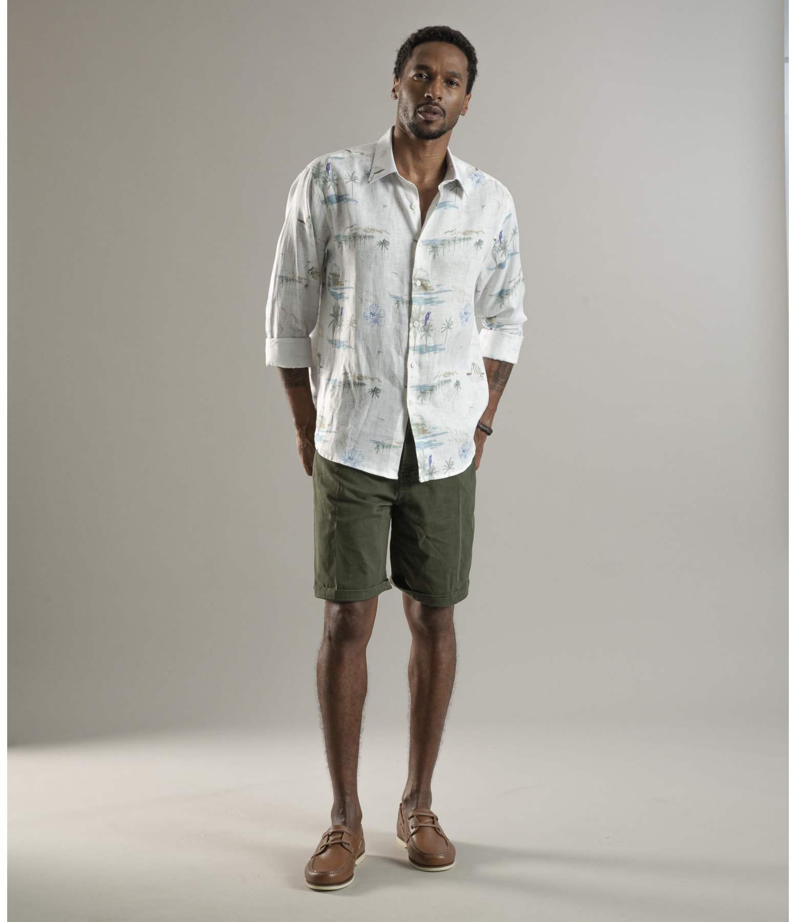 Camisa Puro Linho Estampada Spots Ml Branco