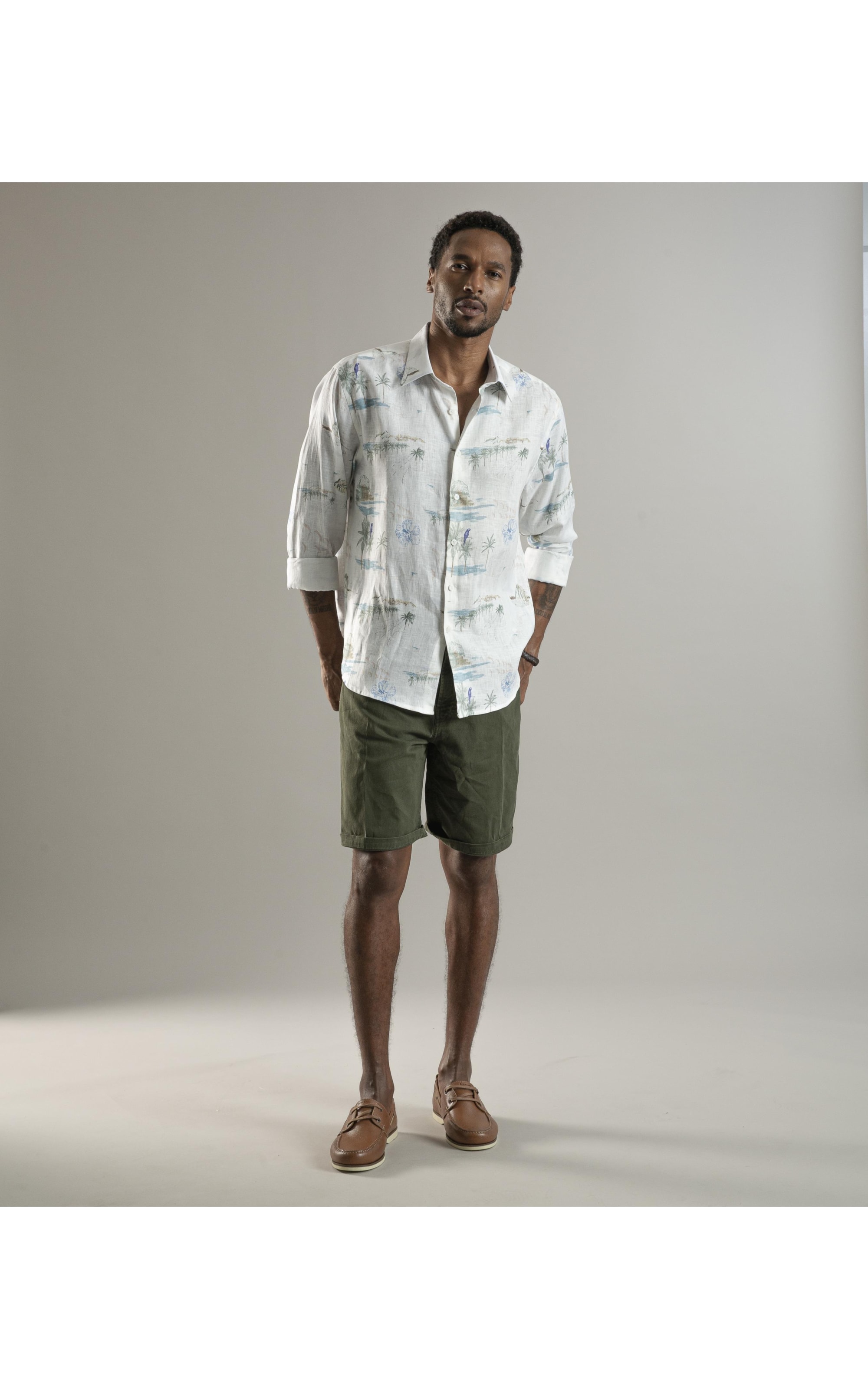 Camisa Puro Linho Estampada Spots Ml Branco