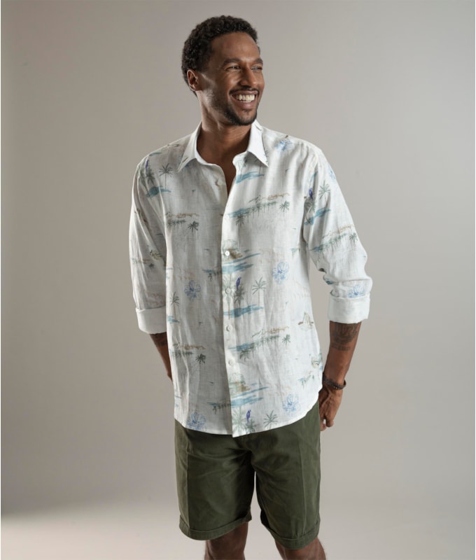 Camisa Puro Linho Estampada Spots Ml Branco