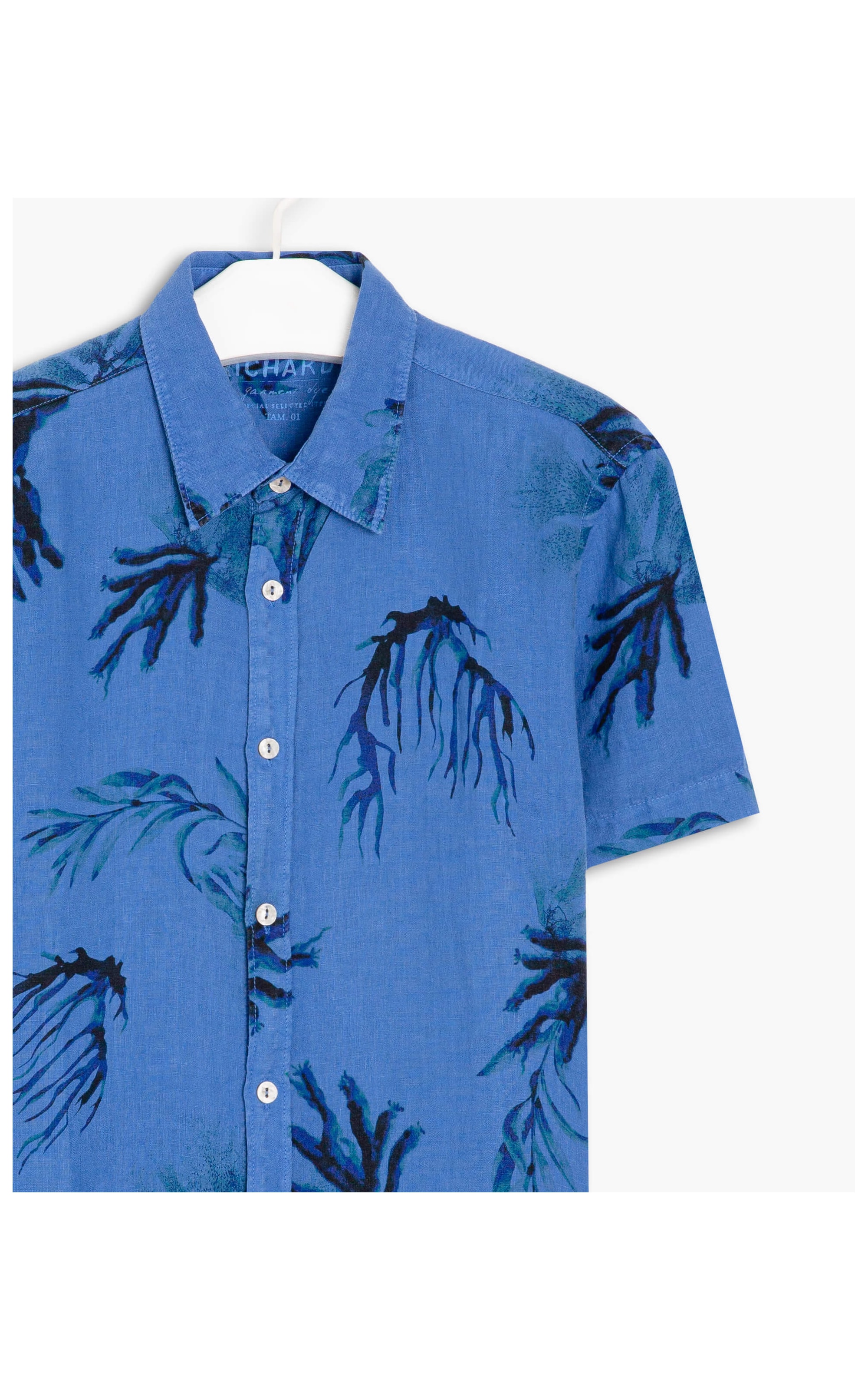 Camisa  Puro Linho Fiji Estampada Mc Azul Bic