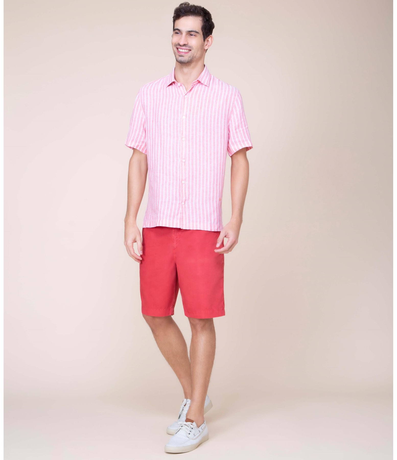 473571 Camisa Puro Linho Gael Listrada Mc Coral
