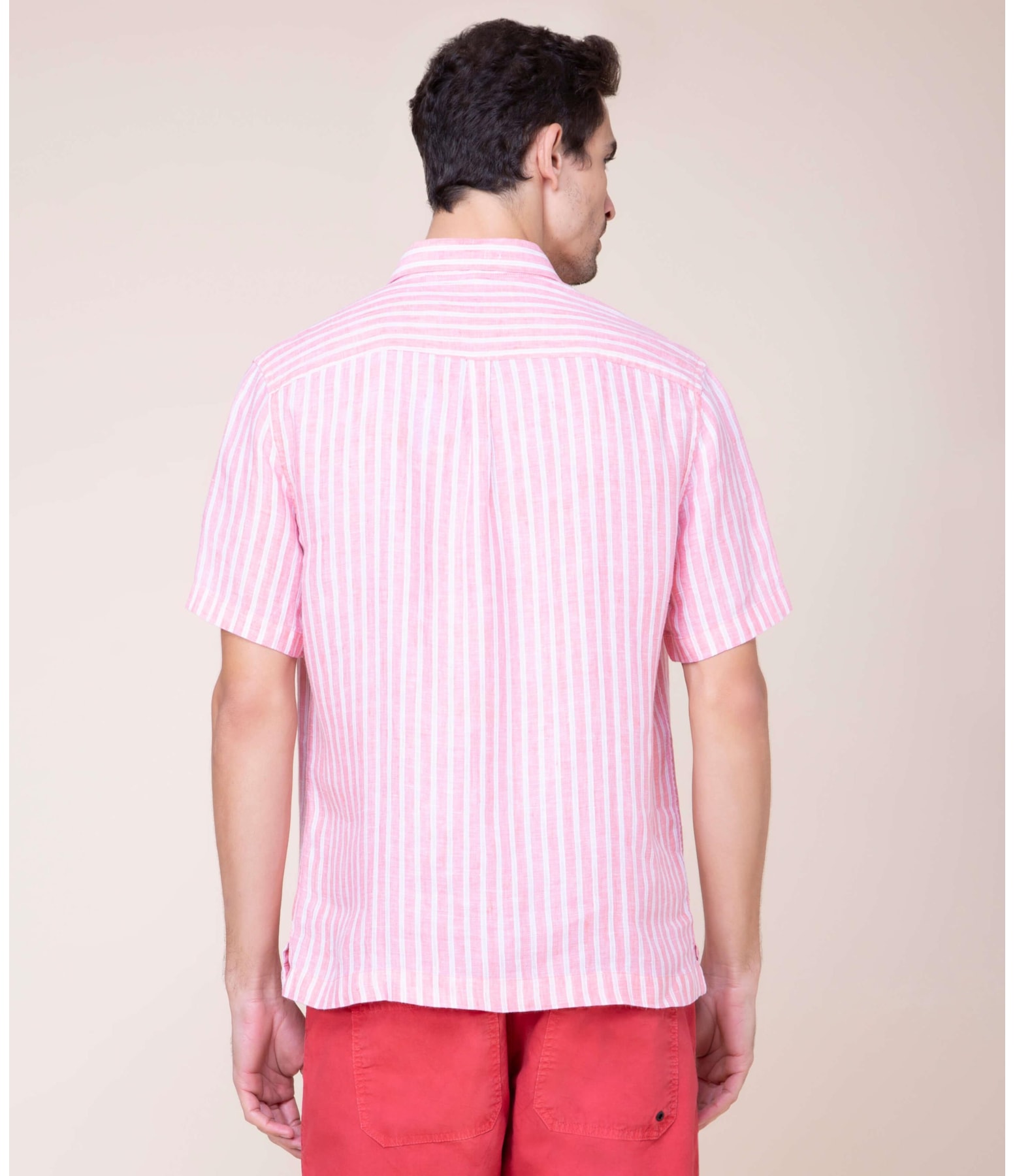 473571 Camisa Puro Linho Gael Listrada Mc Coral