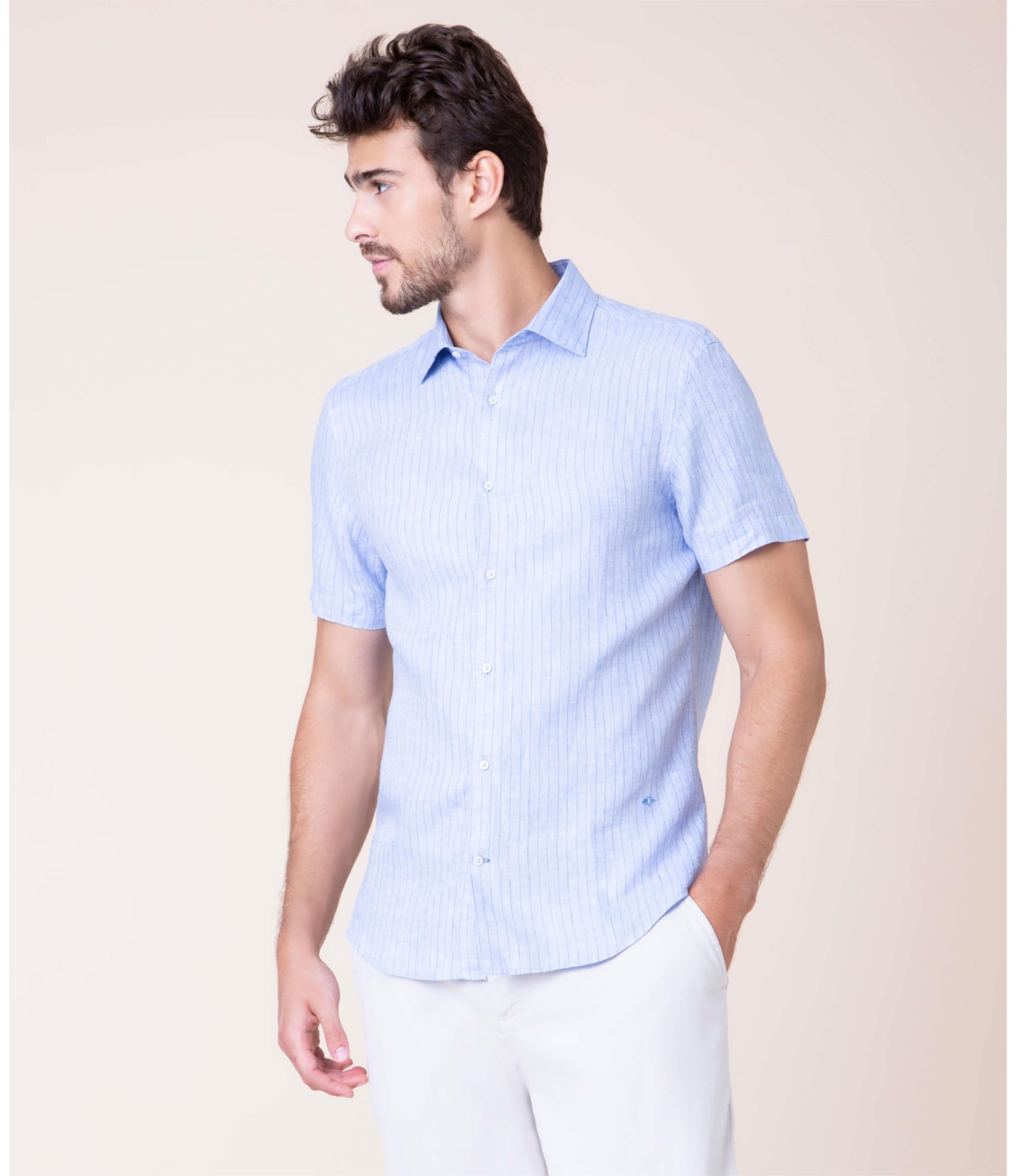 Camisa Puro Linho Marcelo Listrada Mc Azul Bic