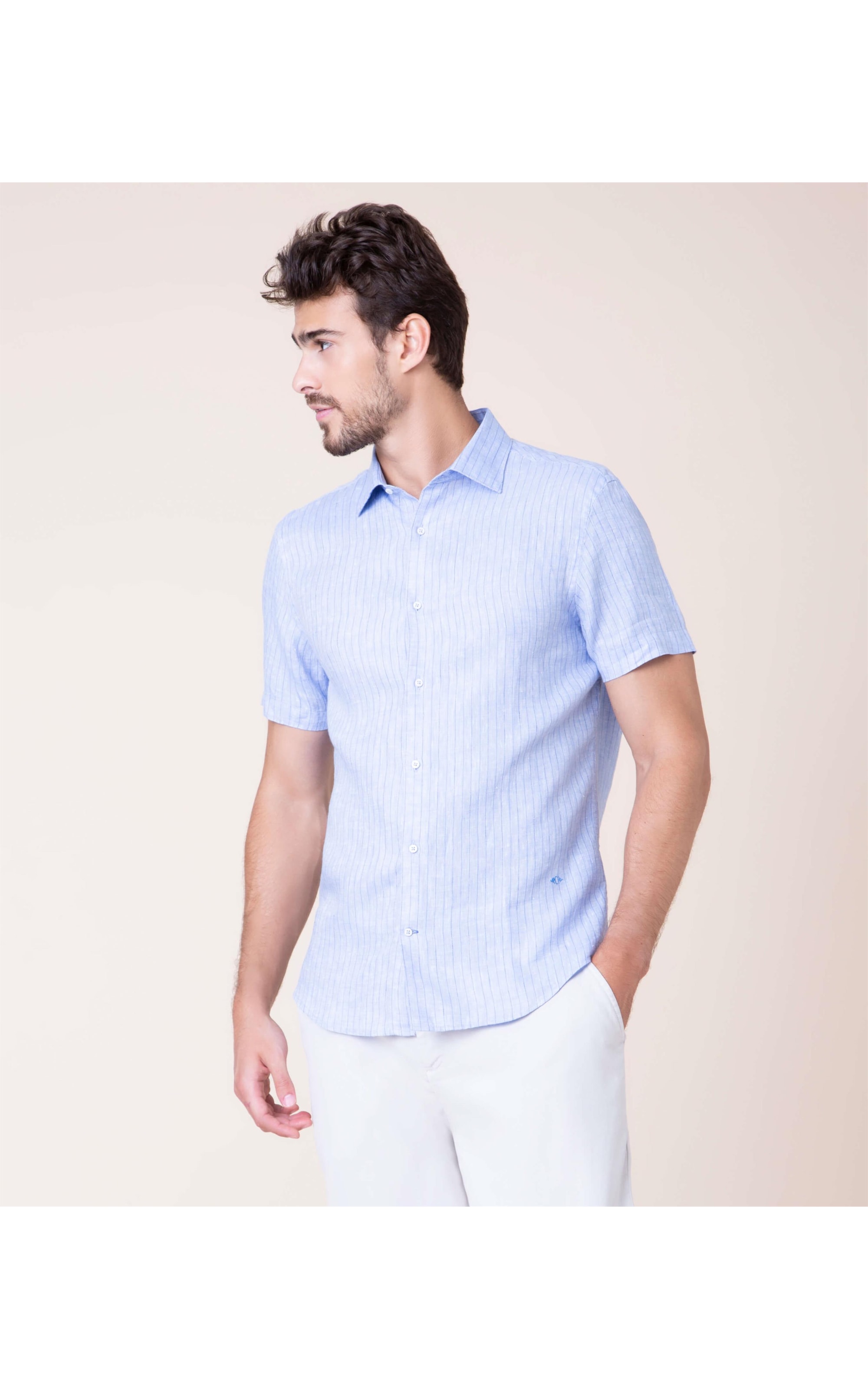 Camisa Puro Linho Marcelo Listrada Mc Azul Bic