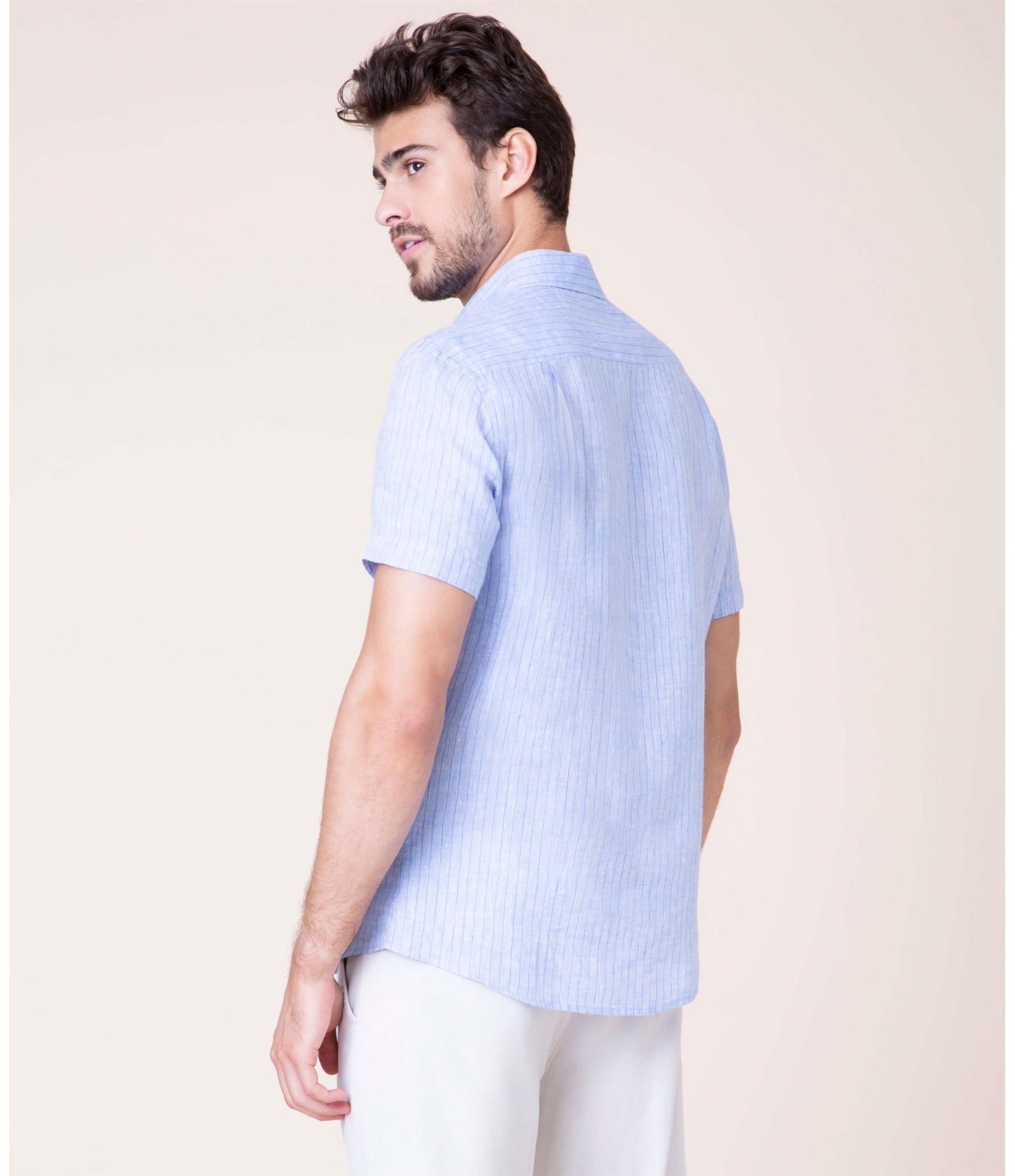 Camisa Puro Linho Marcelo Listrada Mc Azul Bic