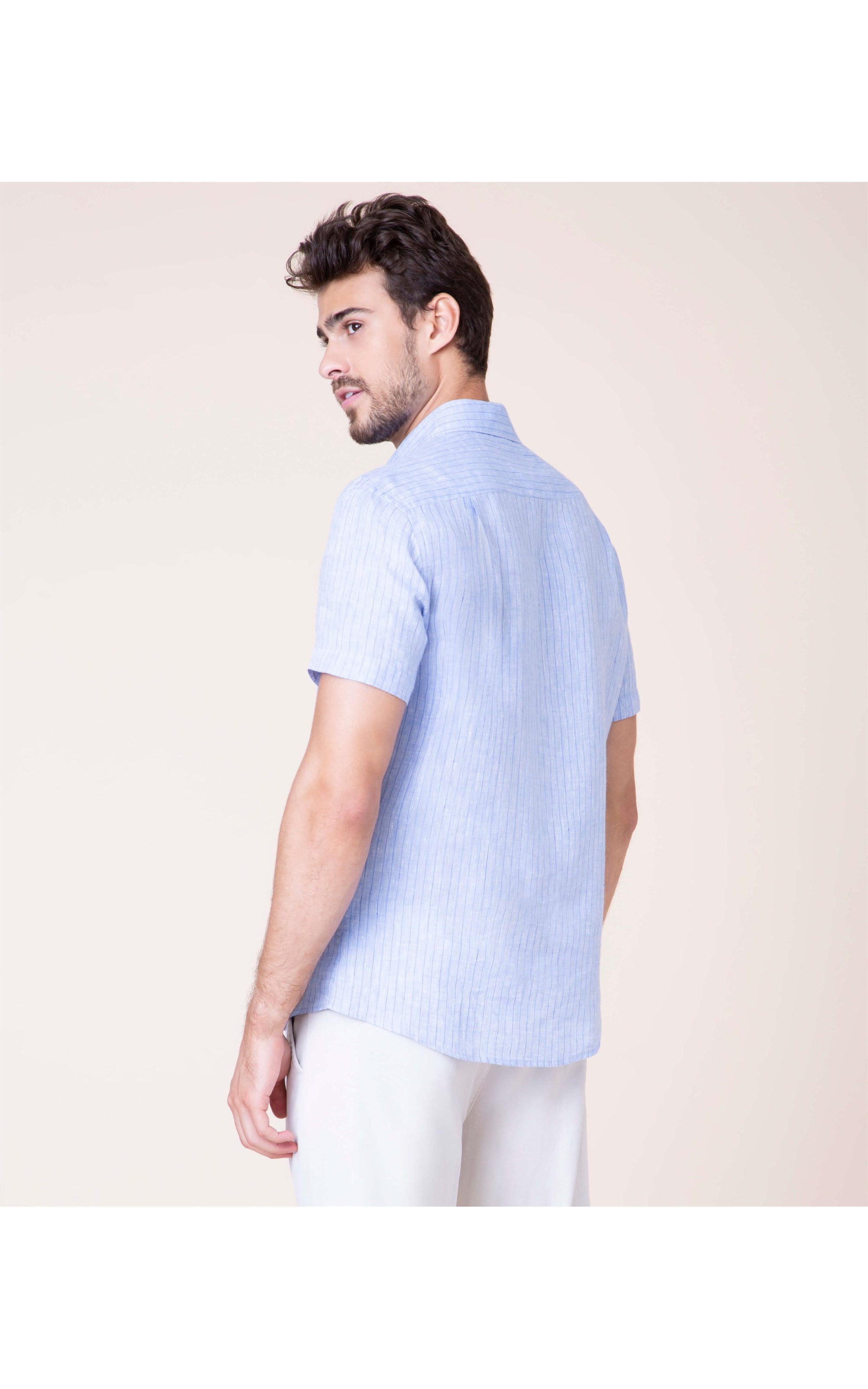 Camisa Puro Linho Marcelo Listrada Mc Azul Bic