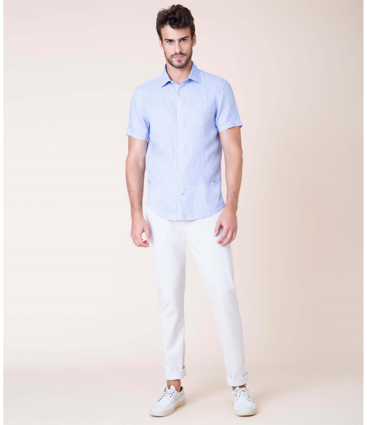 Camisa Puro Linho Marcelo Listrada Mc Azul Bic