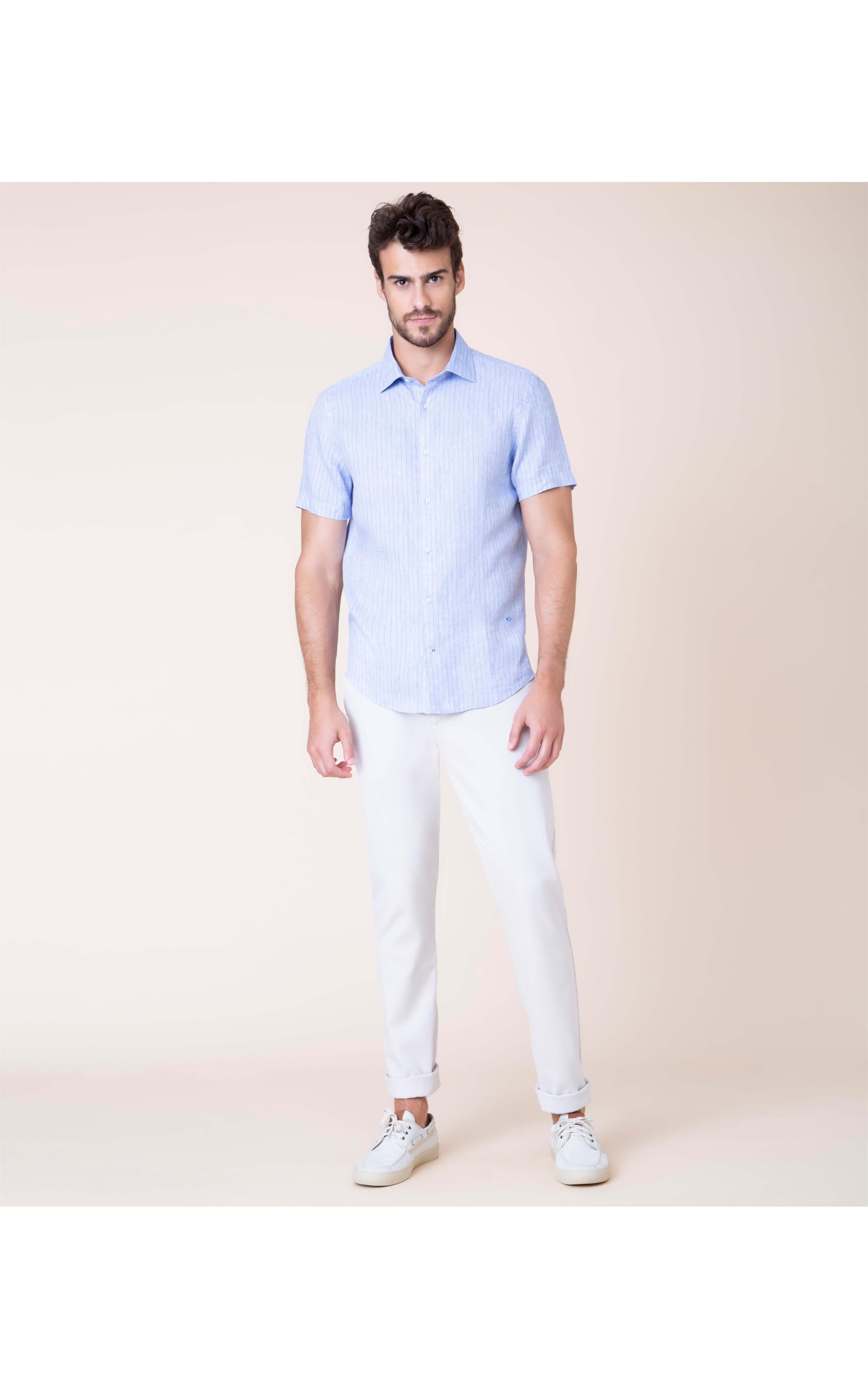 Camisa Puro Linho Marcelo Listrada Mc Azul Bic