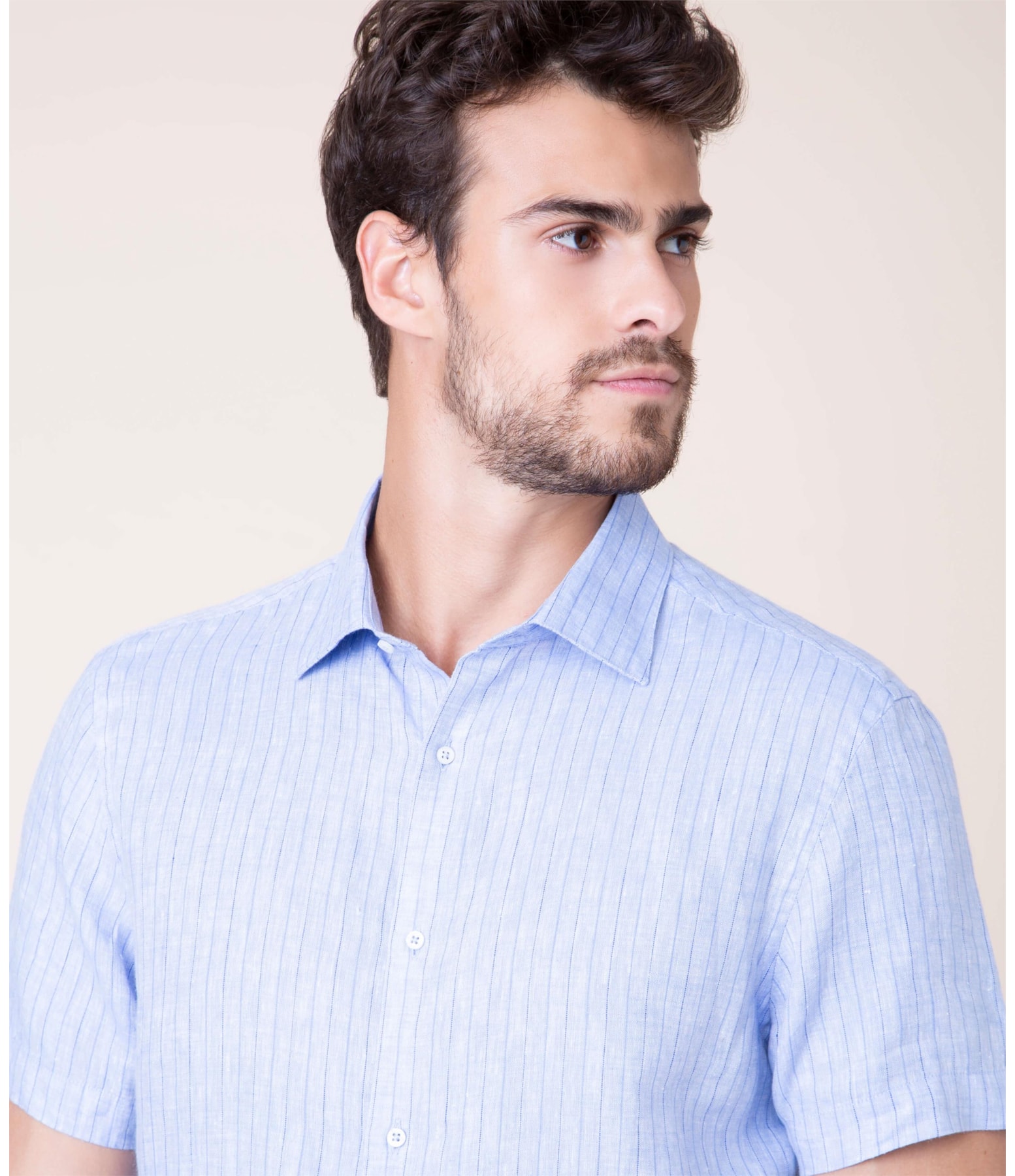 Camisa Puro Linho Marcelo Listrada Mc Azul Bic