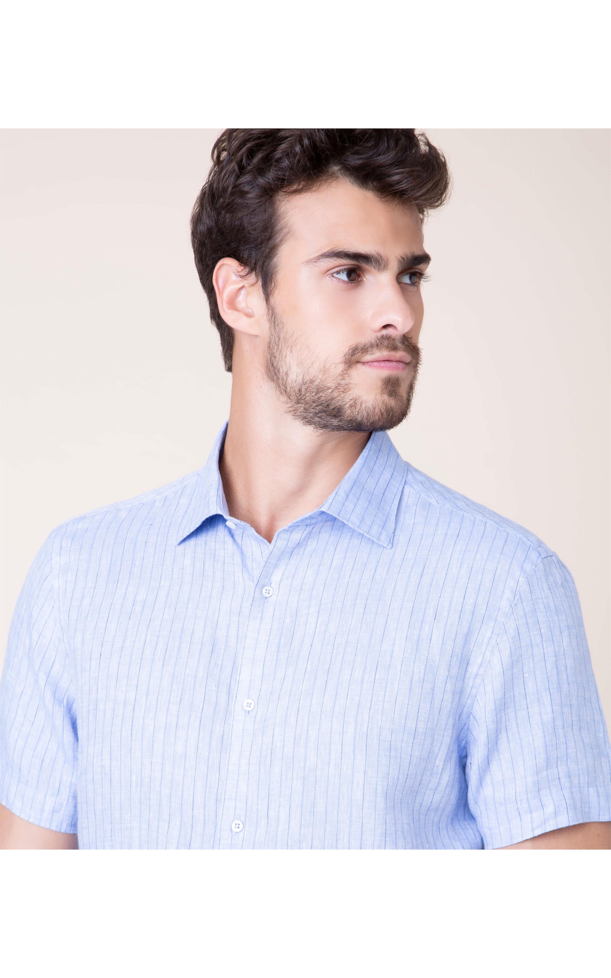 Camisa Puro Linho Marcelo Listrada Mc Azul Bic