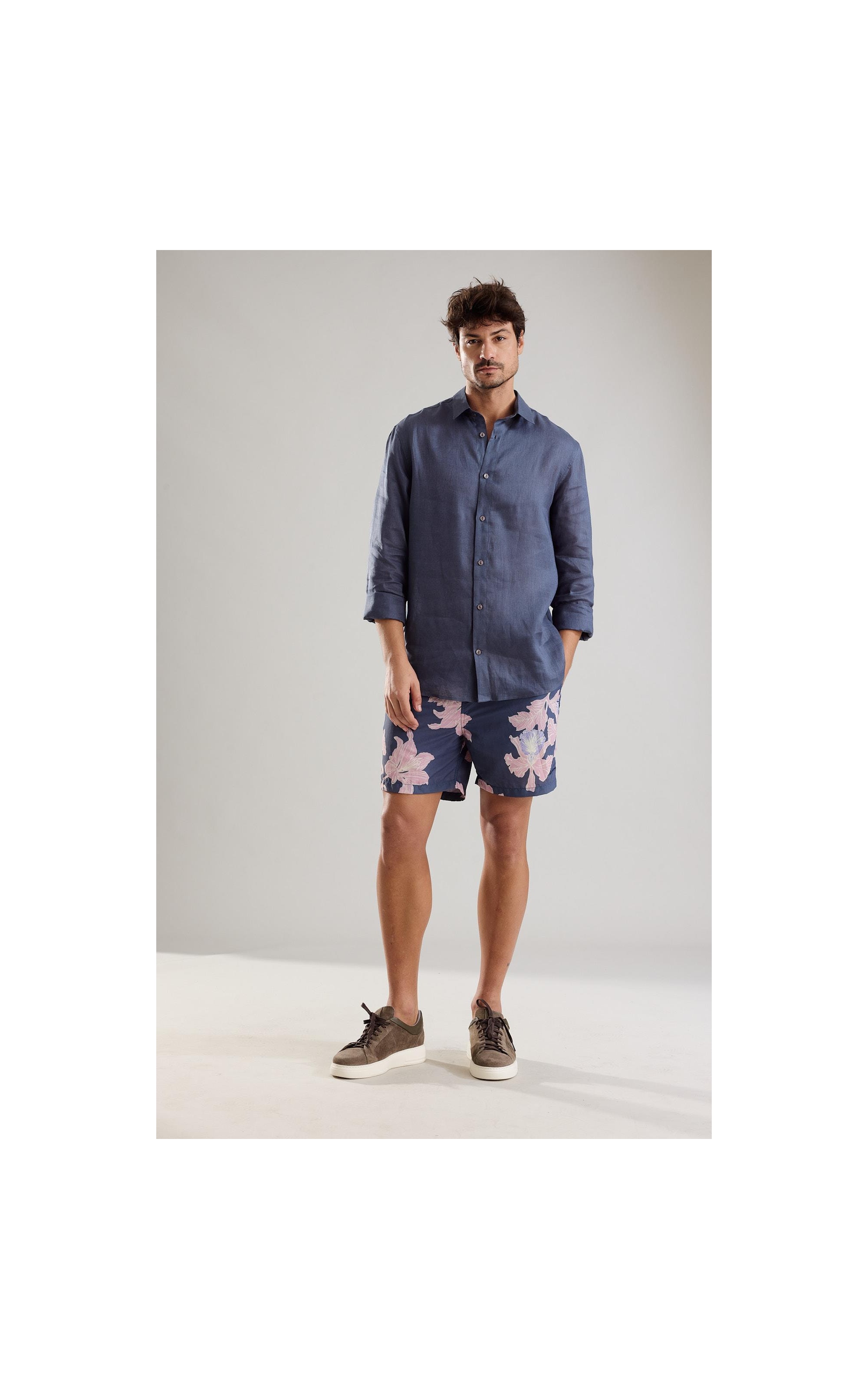 Camisa Puro Linho  Uni Ml Cinza Azulado