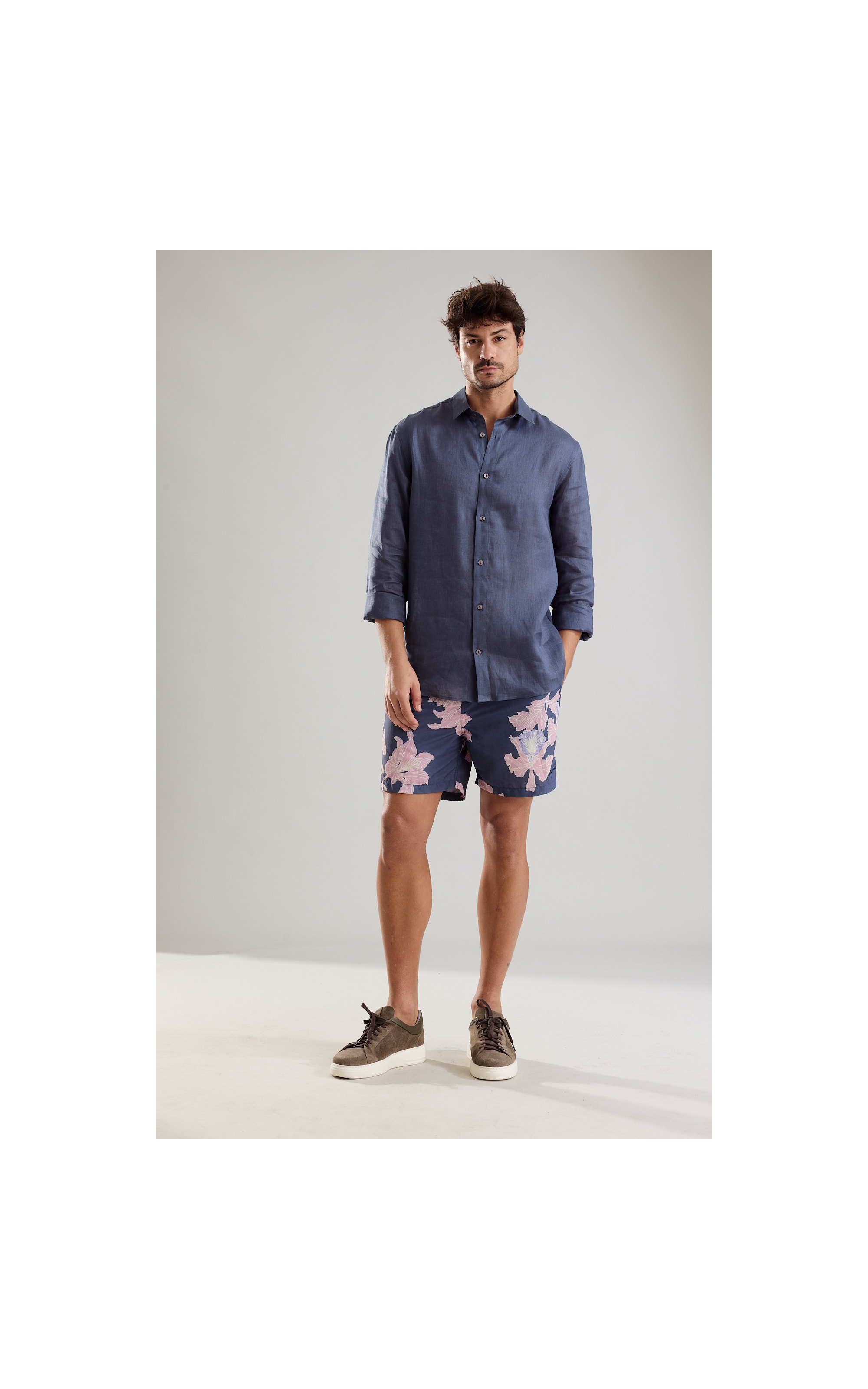 Camisa  Puro Linho  Uni Ml Cinza Azulado