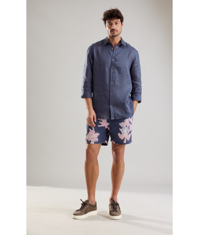 Camisa  Puro Linho  Uni Ml Cinza Azulado