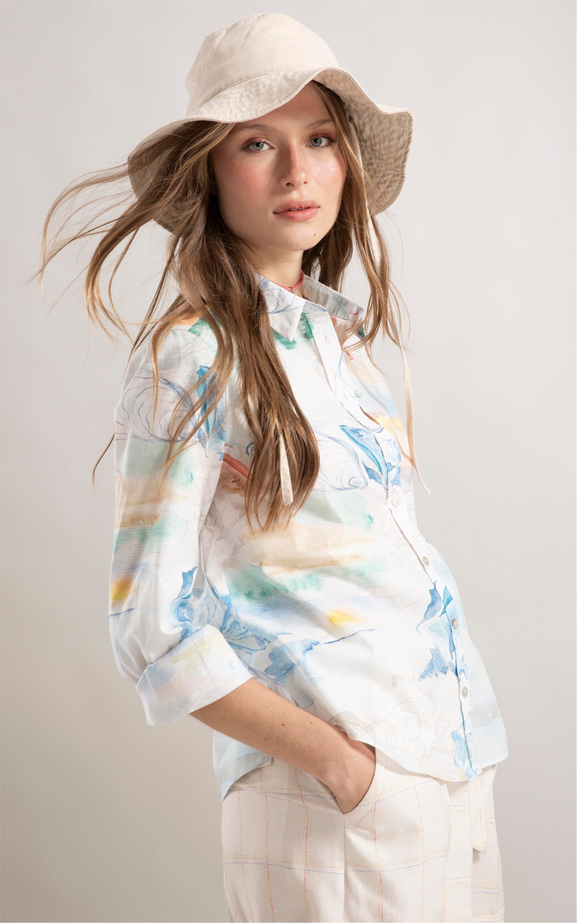 Camisa Sardênia Paisagem Conchas Azul Claro