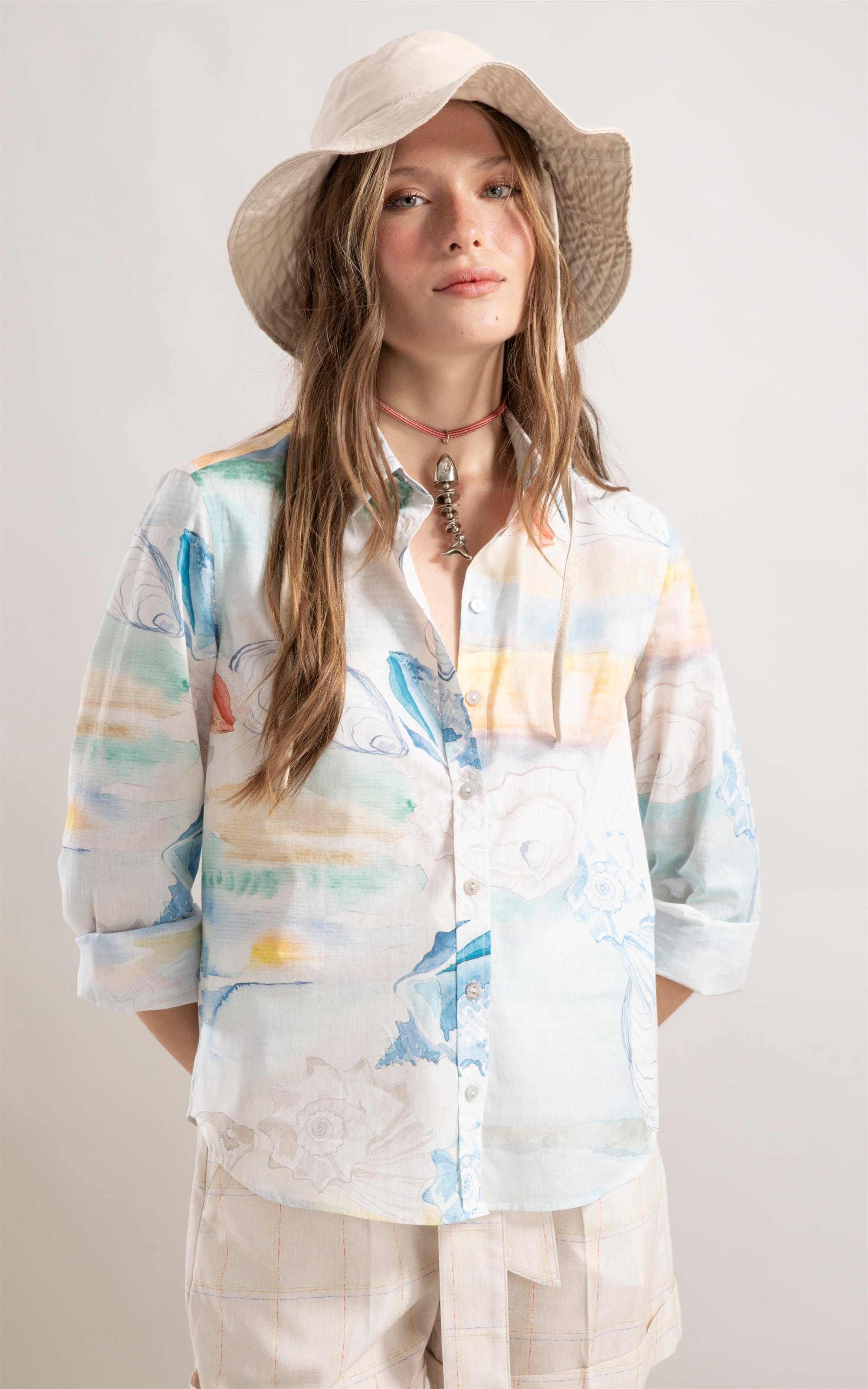 Camisa Sardênia Paisagem Conchas Azul Claro