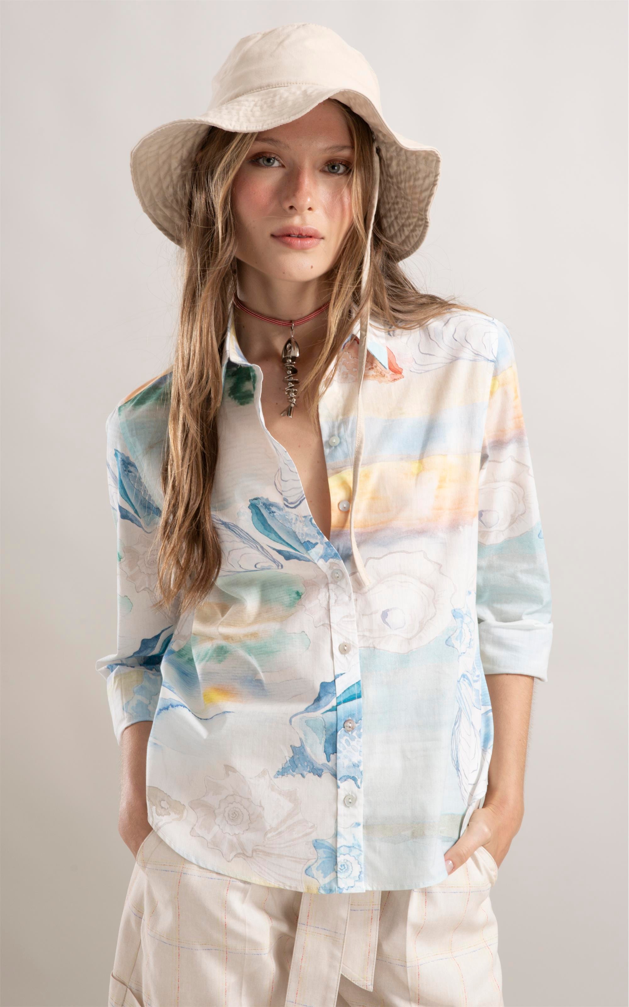 Camisa Sardênia Paisagem Conchas Azul Claro