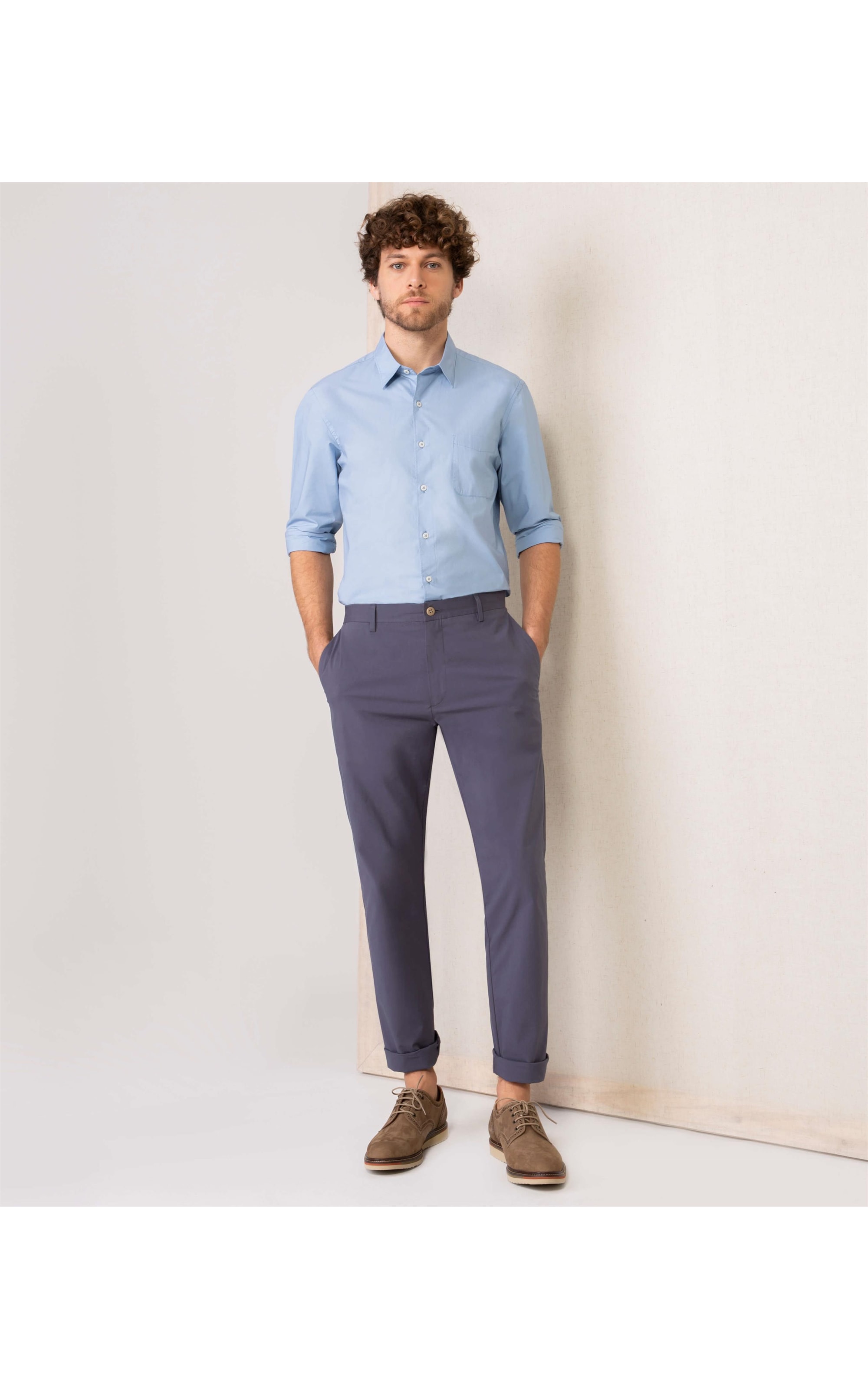 Camisa Tricoline Lisa Ml Azul Cinzentado