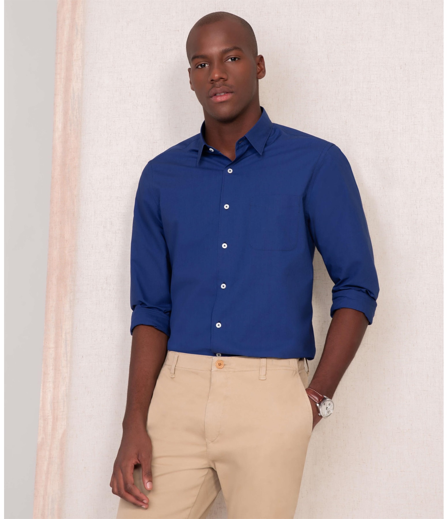 Camisa Tricoline Lisa Ml Azul Marinho