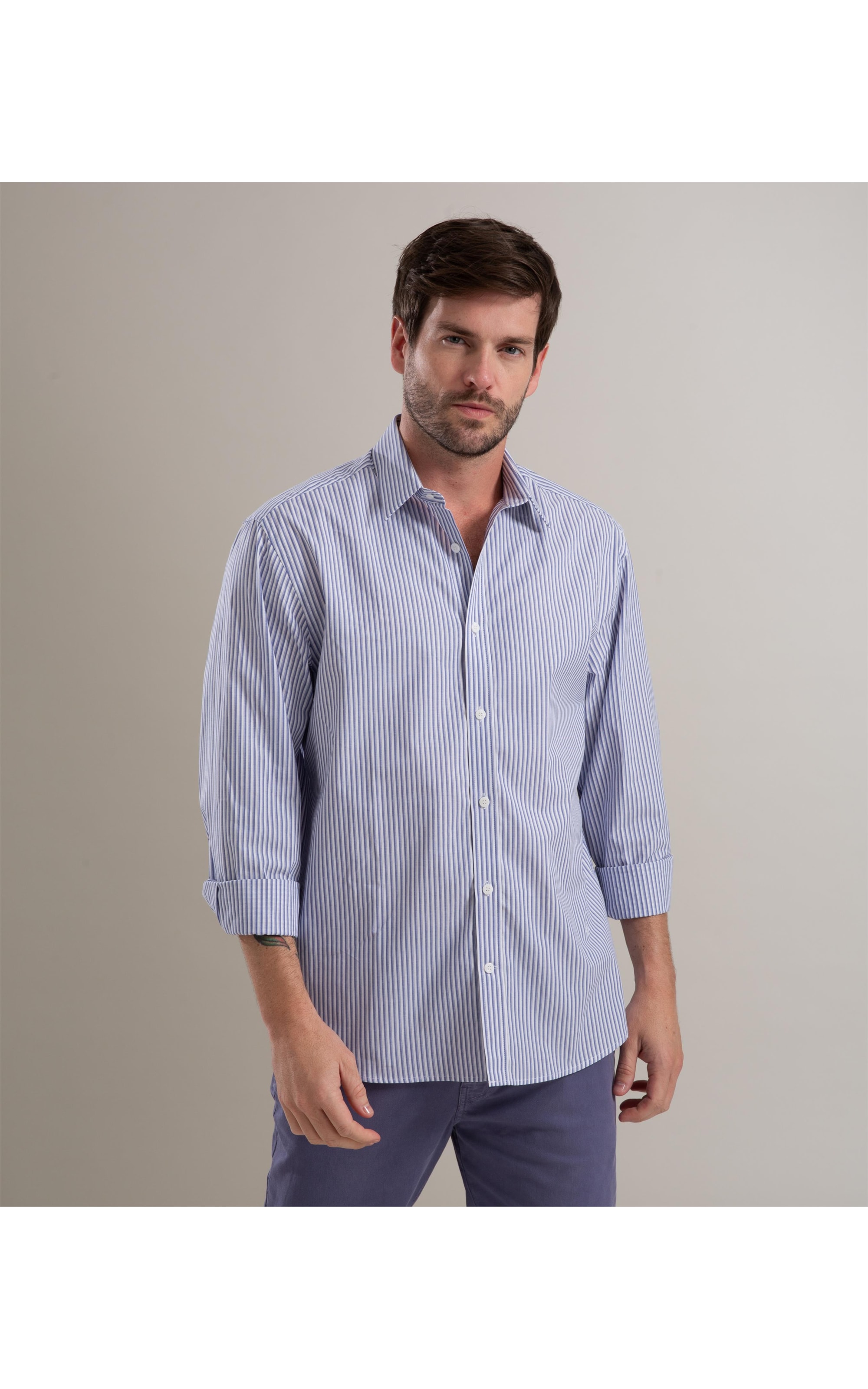 Camisa Tricoline Listrada Mauricio Ml Azul Jeans