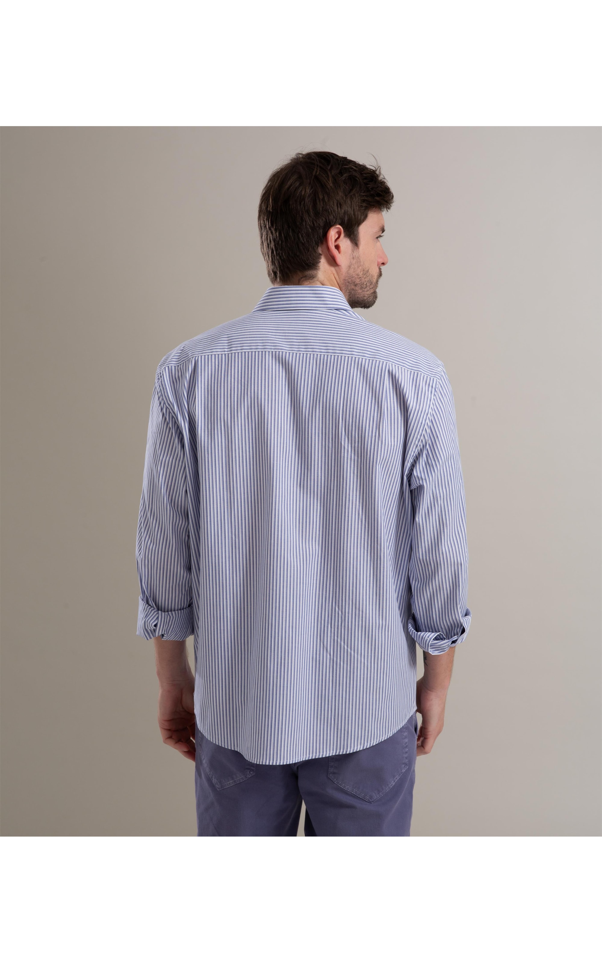 Camisa Tricoline Listrada Mauricio Ml Azul Jeans