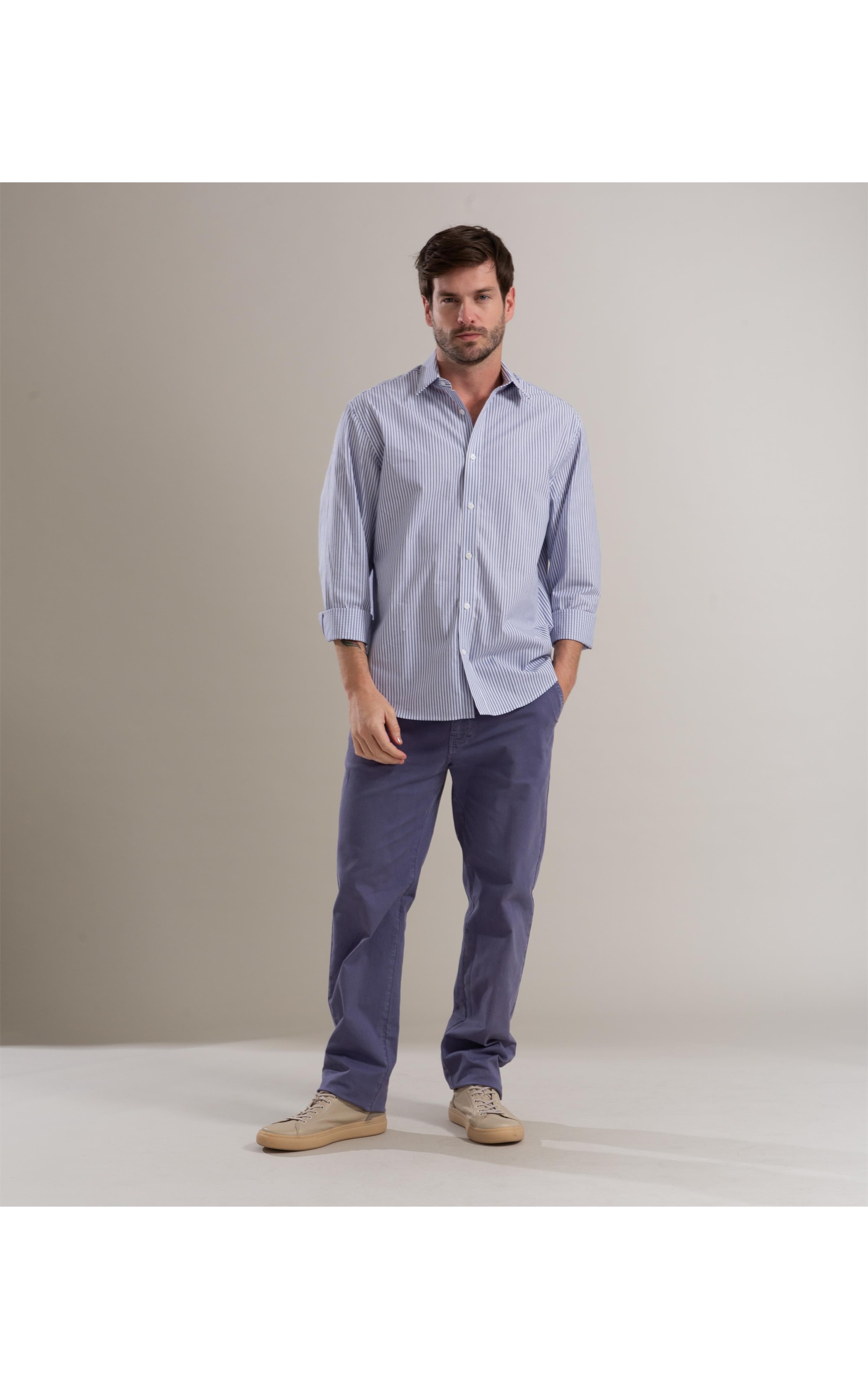 Camisa Tricoline Listrada Mauricio Ml Azul Jeans