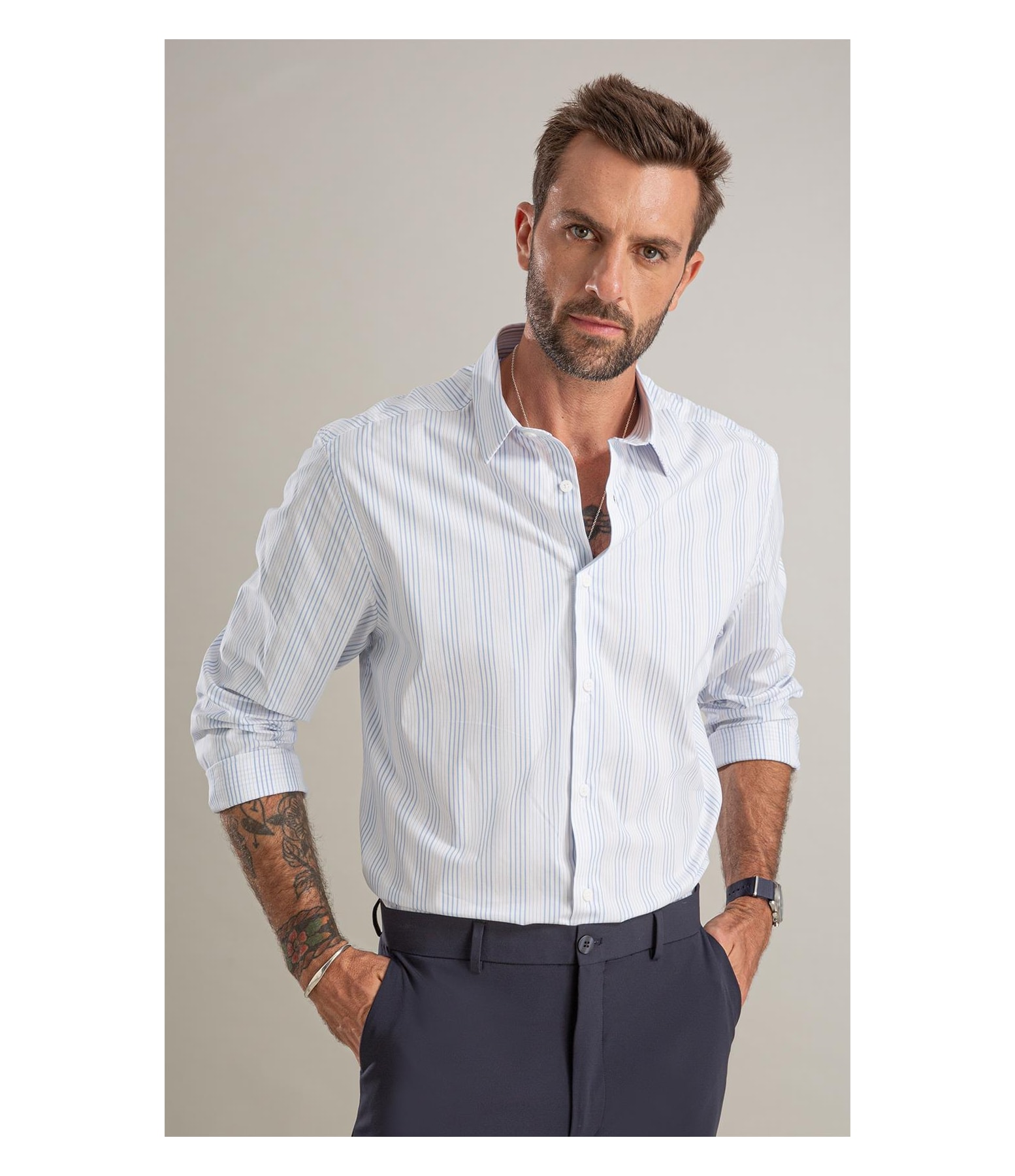 Camisa Tricoline Listrado Rafael Azul Claro