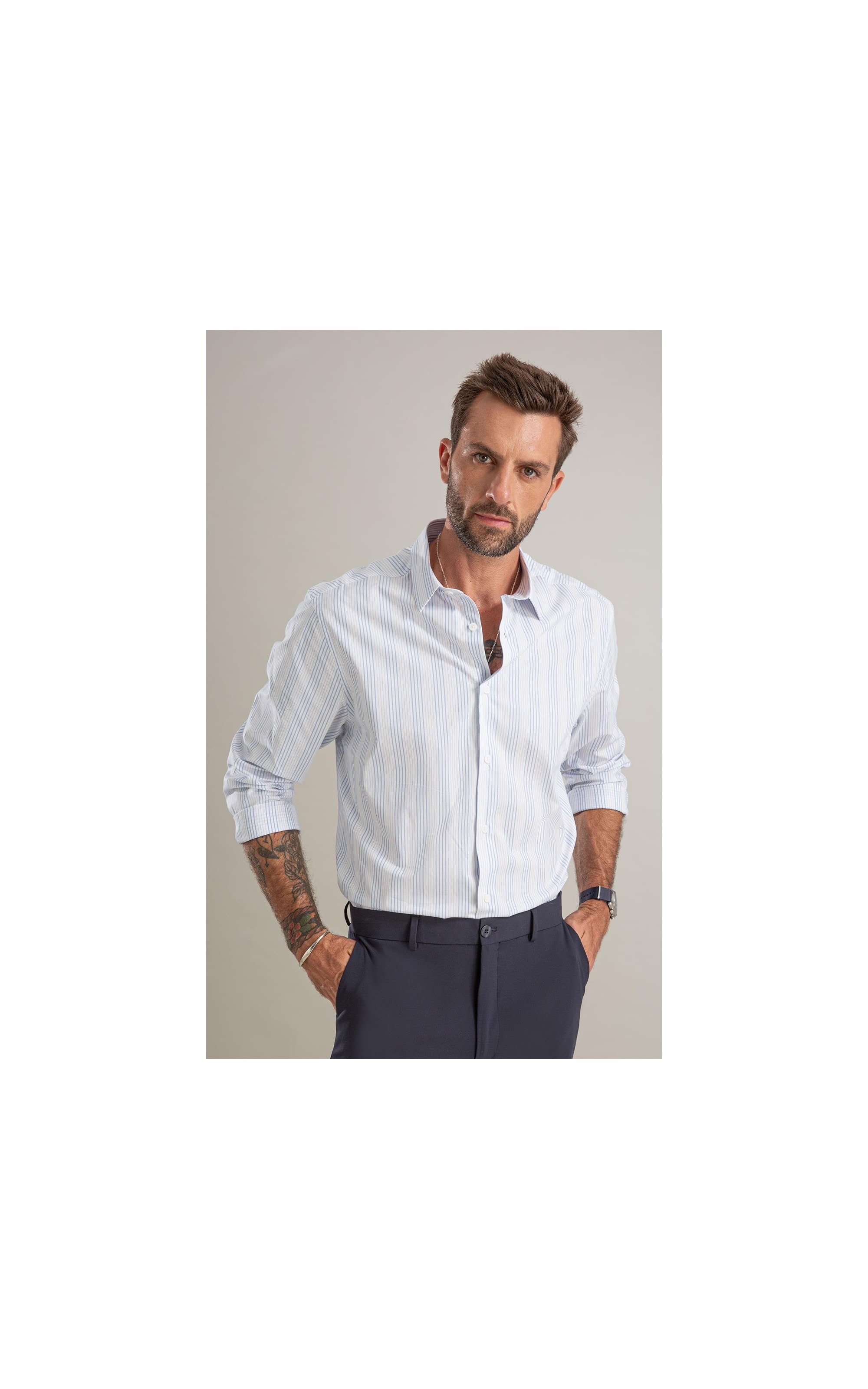 Camisa Tricoline Listrado Rafael Azul Claro