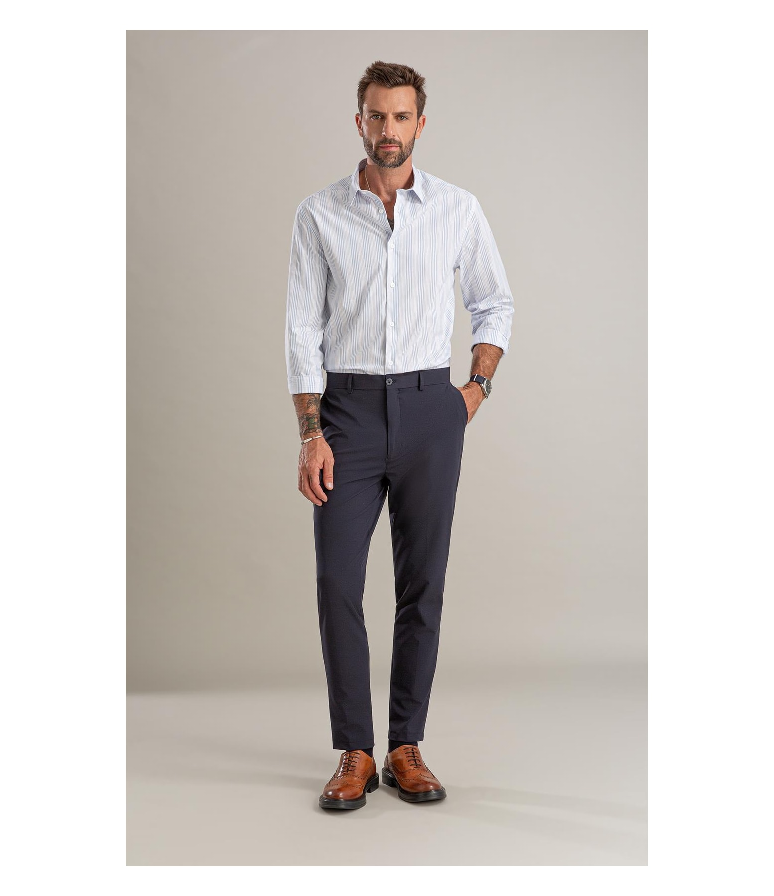 Camisa Tricoline Listrado Rafael Azul Claro
