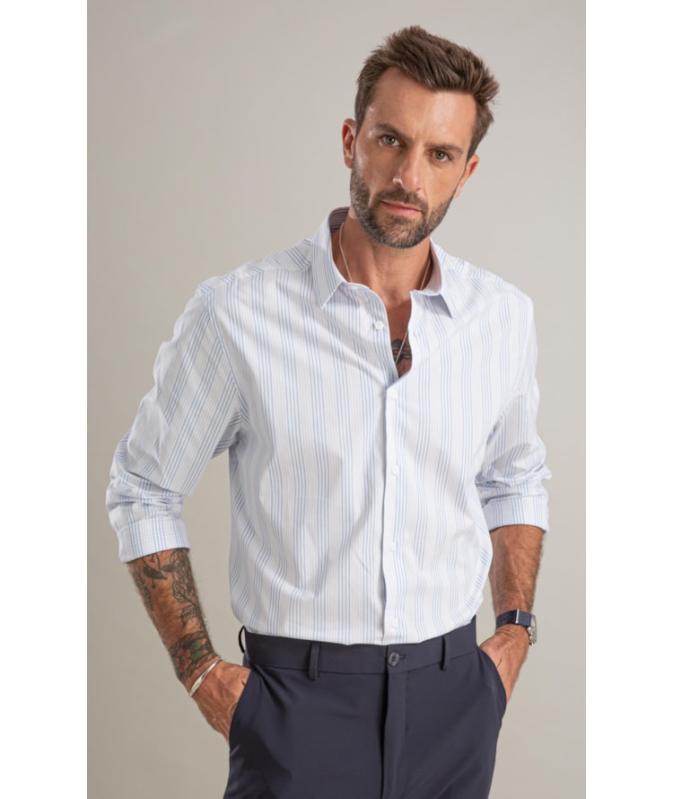 Camisa Tricoline Listrado Rafael Azul Claro