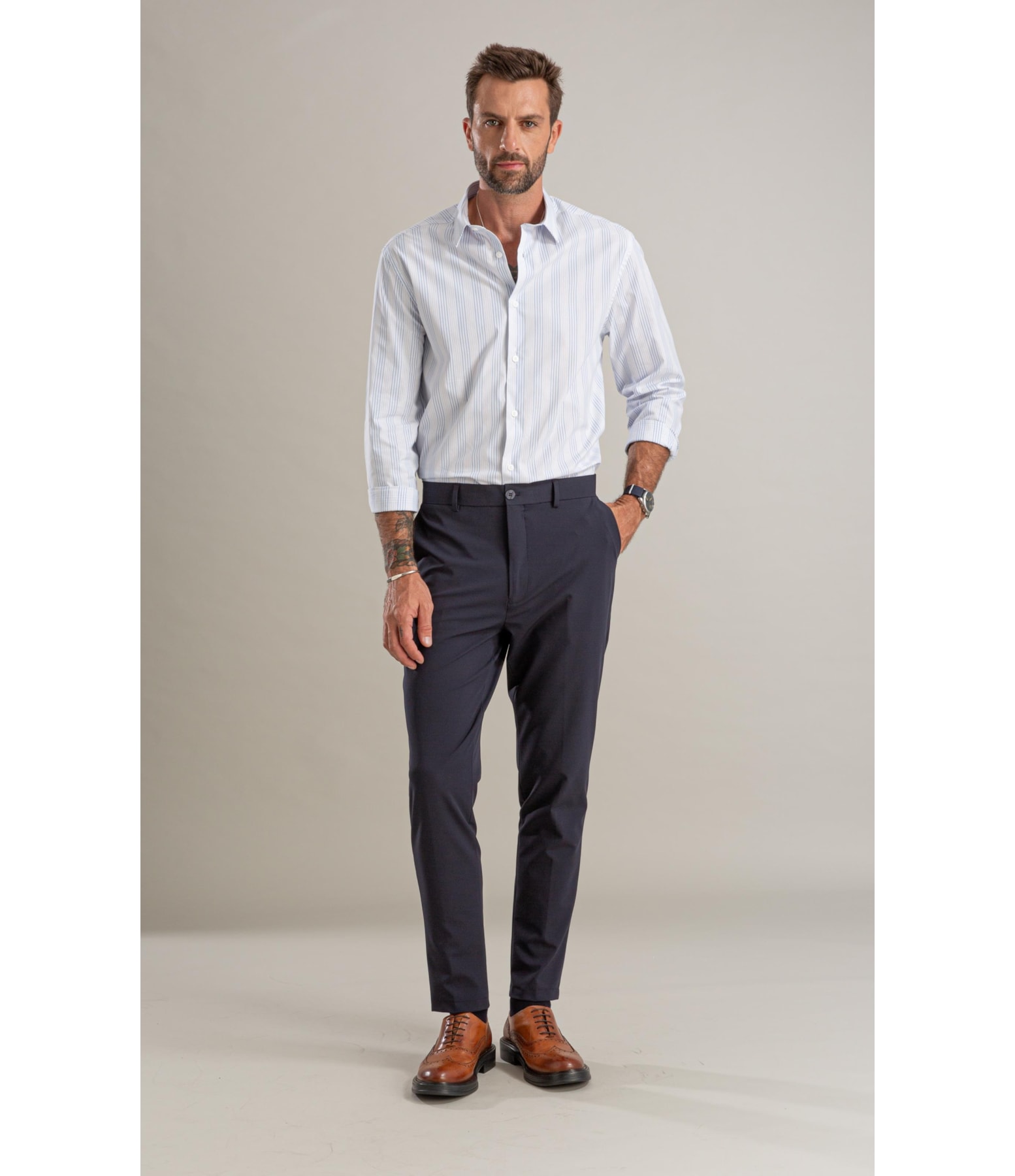 Camisa Tricoline Listrado Rafael Azul Claro