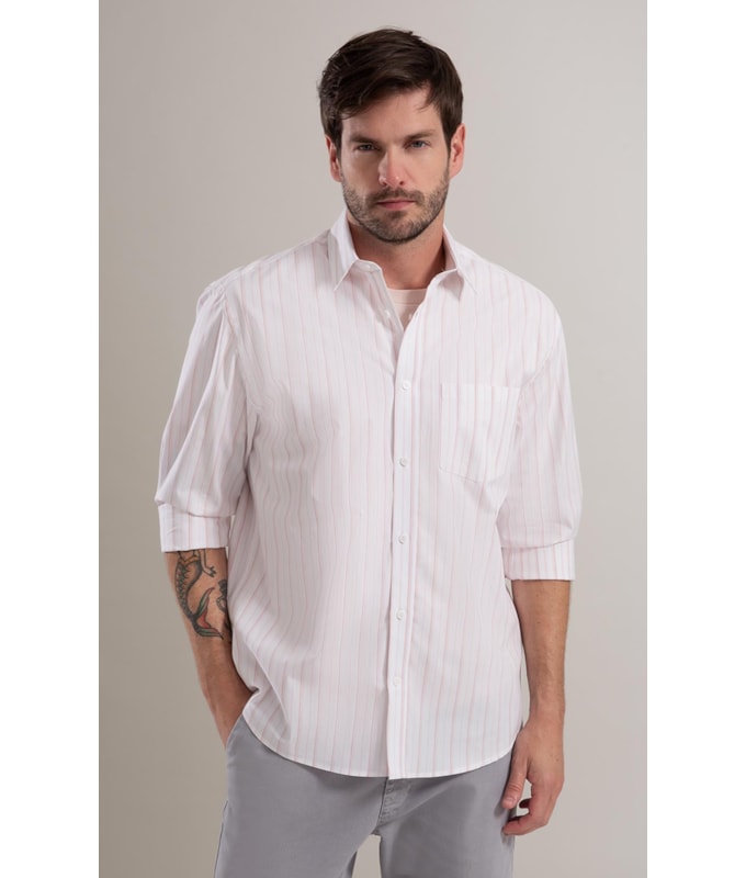 Camisa Tricoline Listrado Roberto Ml Rosê