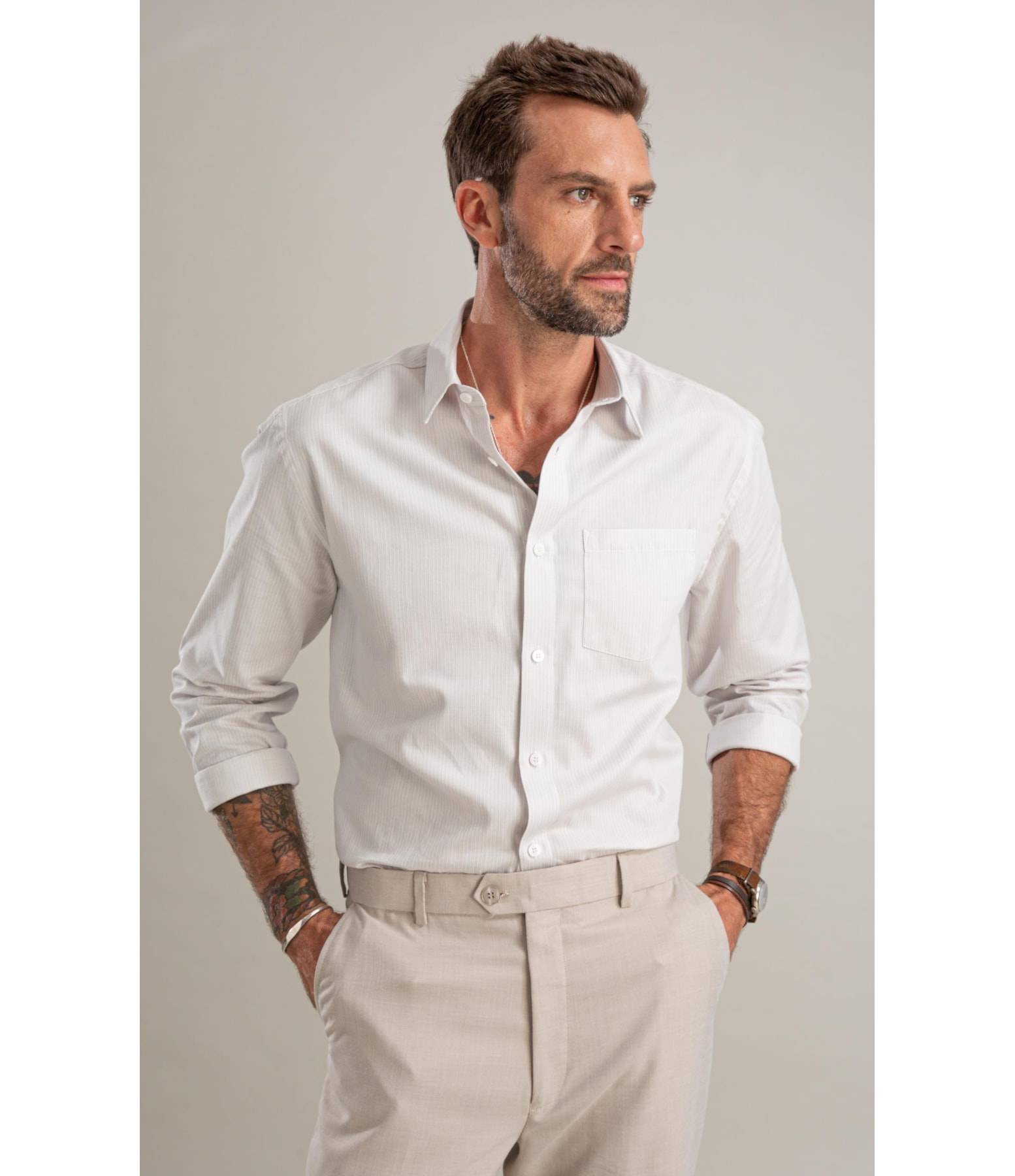 Camisa Tricoline Luca Ml Cinza Claro