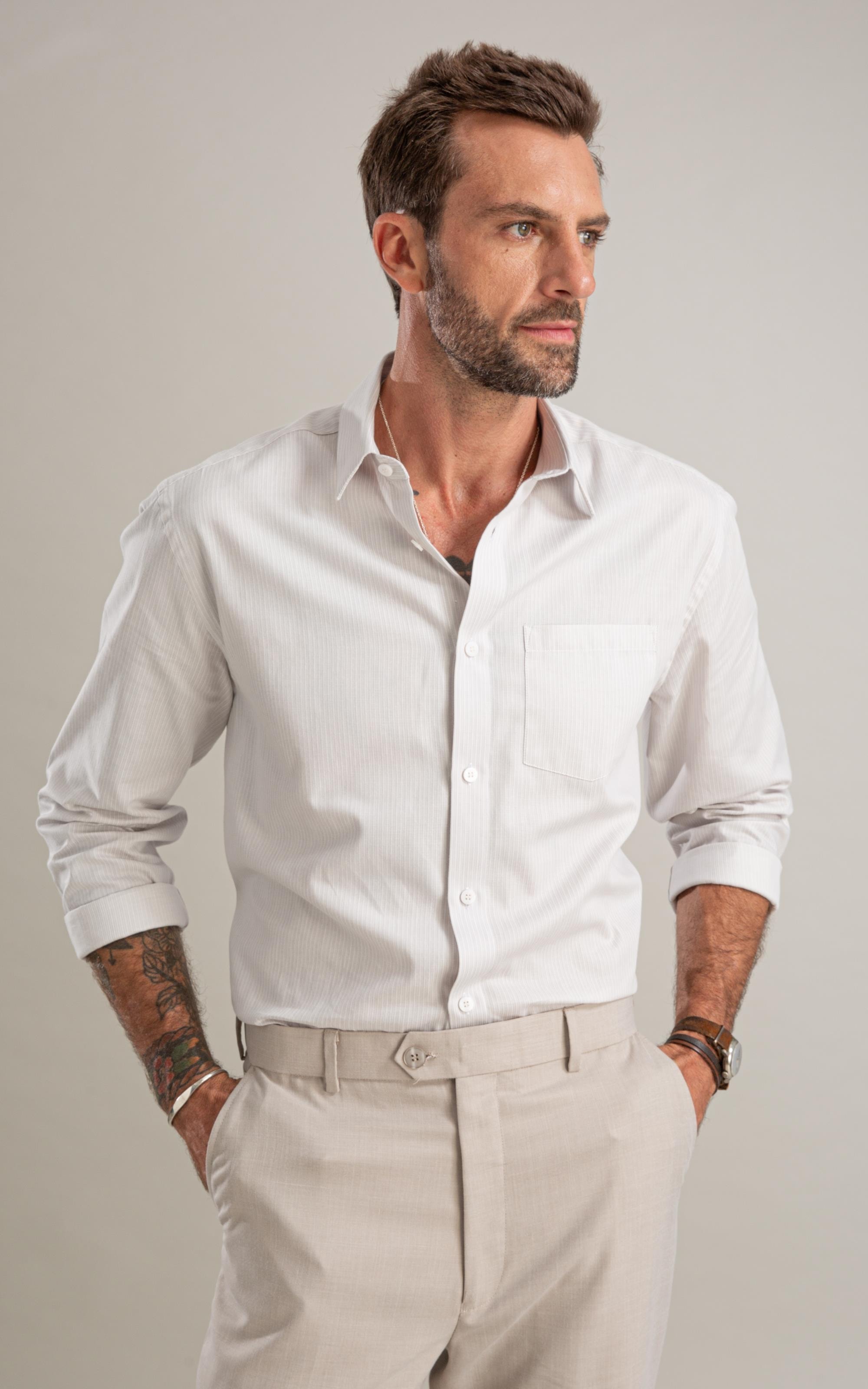 Camisa Tricoline Luca Ml Cinza Claro