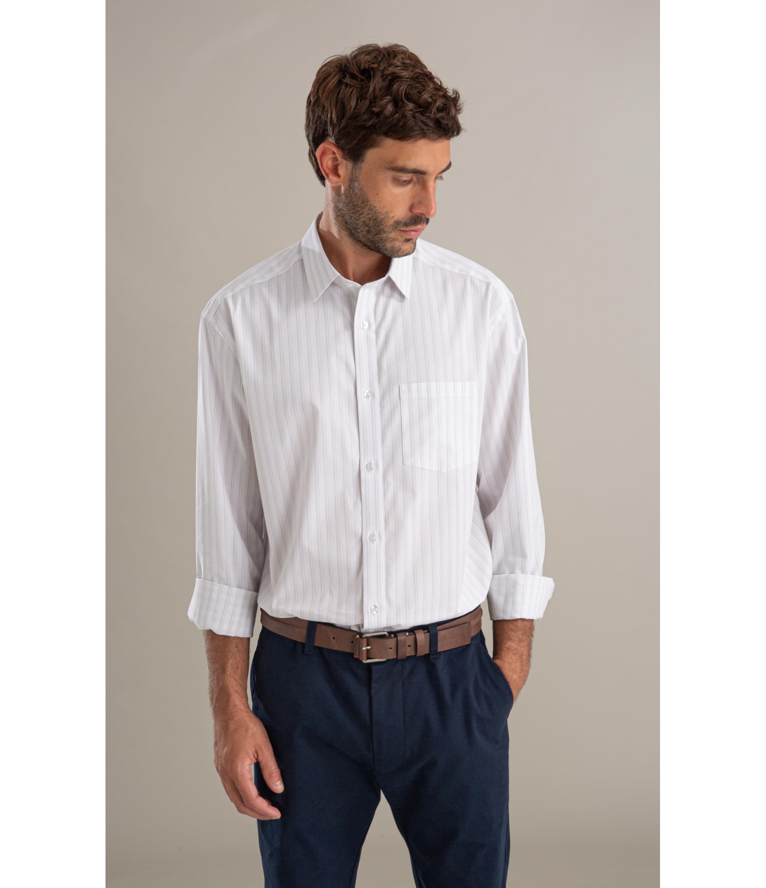 Camisa Tricoline Ly Listrado Degas Ml Branco